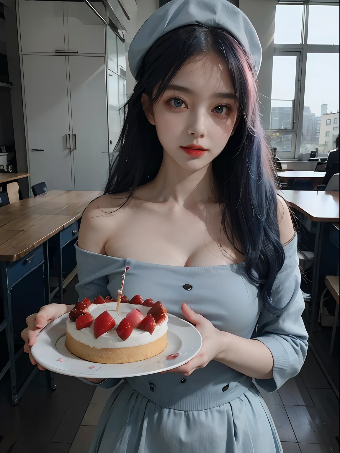 one-girl，tmasterpiece，High- sharpness，Best quality at best，The upper part of the body，mediuml breasts，blue color eyes，Redlip，kitchens，The birthday cake，Birthday cap，desks，gradient color hair，blue pink hair，long whitr hair，curlies，