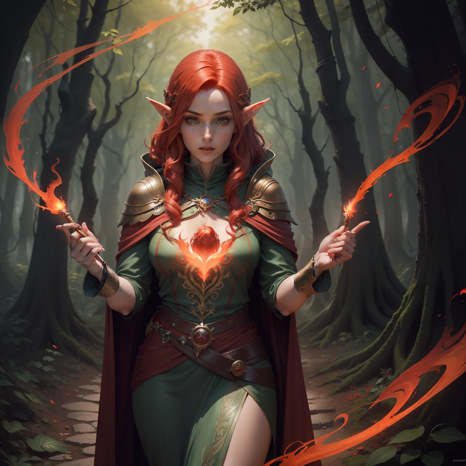 "(Female elven sorcerer with vibrant red hair) standing in a mystical forest, surrounded by swirling magical energy and casting a powerful spell."