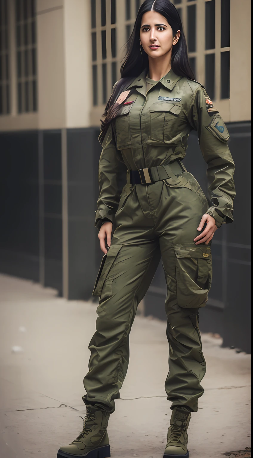 A beautiful woman ((Katrina kaif:1.2)) in ((insanely Military Chic Outfit)), sharp focus, Nikon Z 85mm, unparalleled masterpiece, ultra-realistic 8k photos, best quality, masterpiece, (photorealistic:1.2), (realistic:1.5), (hyper realistic:1.2),(realistic human skin:1.6), (detailed clothes features), (High Quality: 1.2), Raw photo, (Perfect body shape), Uniform, Unobtrusive,