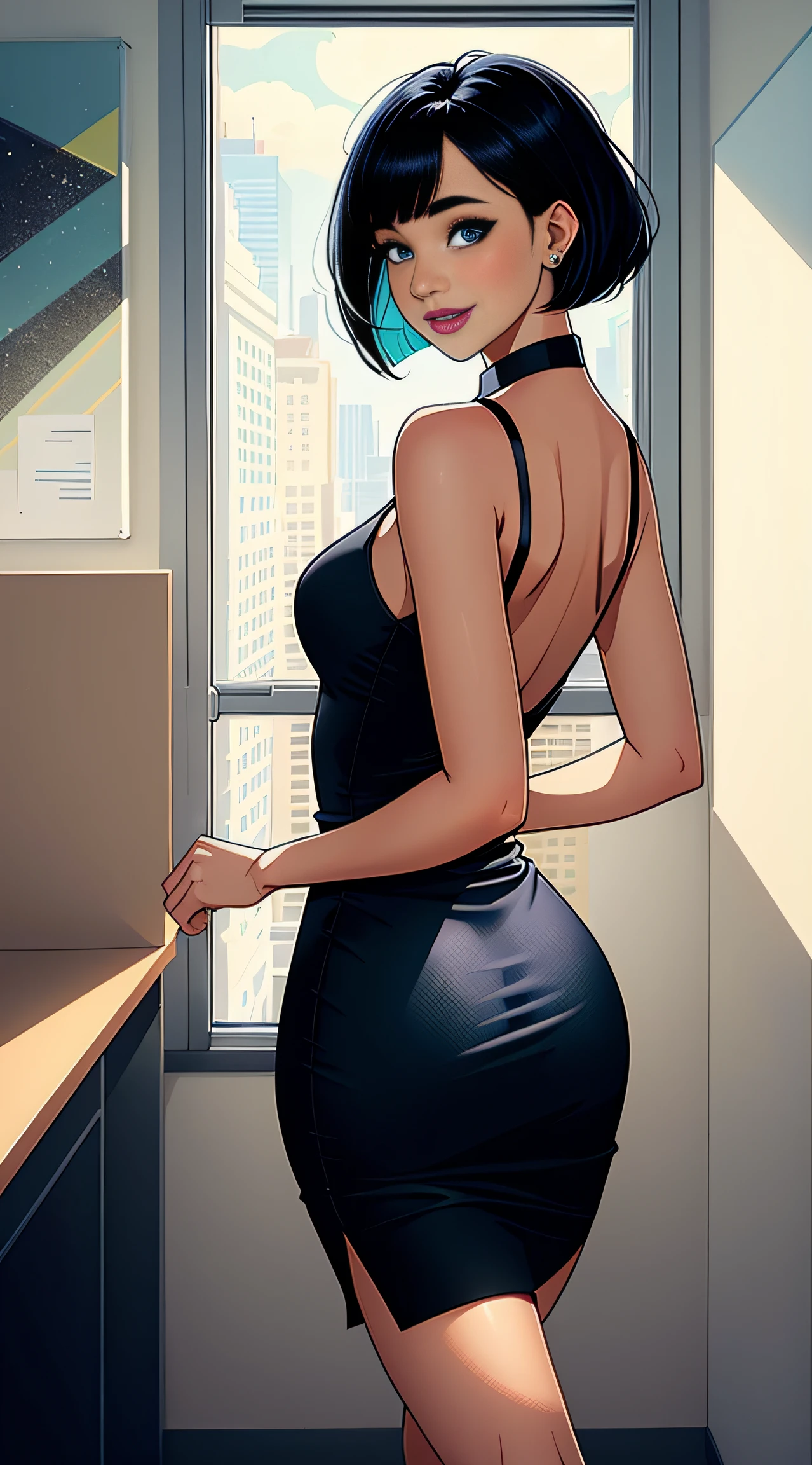 masterpiece,best quality,a woman,back,office environment,walking,looking back at viewer,dark blue bobcut hairstyle,beautiful cyan eyes looking at viewer,dark blue office dress sleeveless,smiling,(puffy lips:0.7),blue lipstick