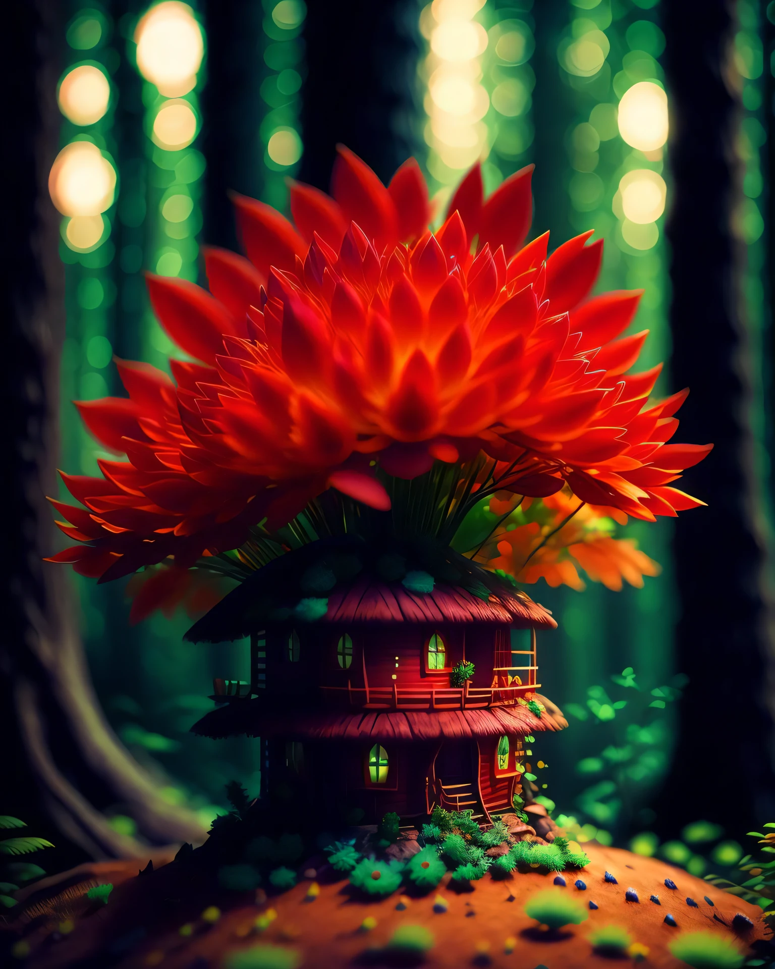 color fungalic treehouse in a forest at night, by pascal campion. dramatic lighting and composition with bokeh lights through the trees highly detailed matte painting from scene of twin peaks ( 1 9 8 4 ) | shot on kodak portra 400 film!! : mamiya 7 / 2 6 0 mm lens ; sharp focus!!! photorealistic oil painted portrait - h 5anta flowers headdress macro closeup 3 d render red