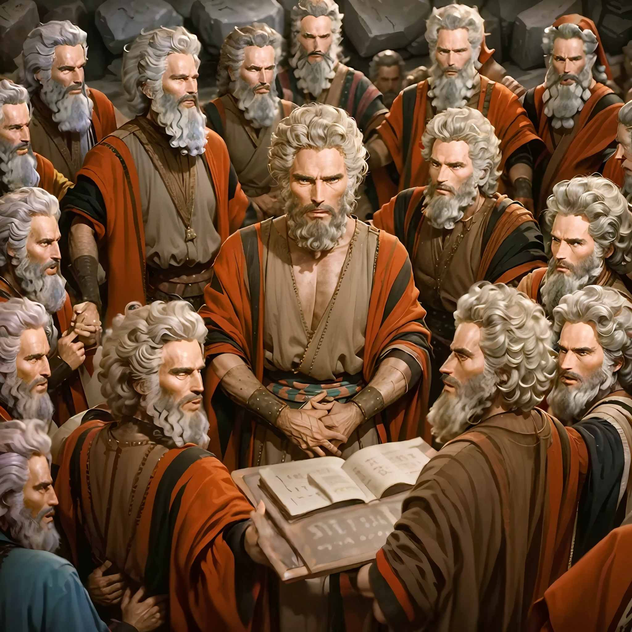 Jesus Christ speaking to the elders of the Sanhedrin and being observed by the populace, They're wearing old robes, imagem com muito detalhes nos rostos, maximo de qualidade, 8k lighting, pele lisa e perfeita, Jesus has the expression on his face of anger as he reproaches people for their mistakes according to the Bible