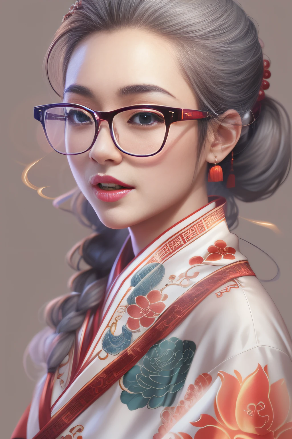 （China - chic Chinese cute girl，anatomy correct，Wearing fashion glasses，Oriental elements），（China - Fashion illustration：1.5，Vector painting：1.5），（Chinese colors，senior color matching，gradient backgrounds，white backgrounid），（The is very detailed，reasonable design，Clear lines，High- sharpness，best qualtiy，tmasterpiece，offcial art，movie light effect，4K）