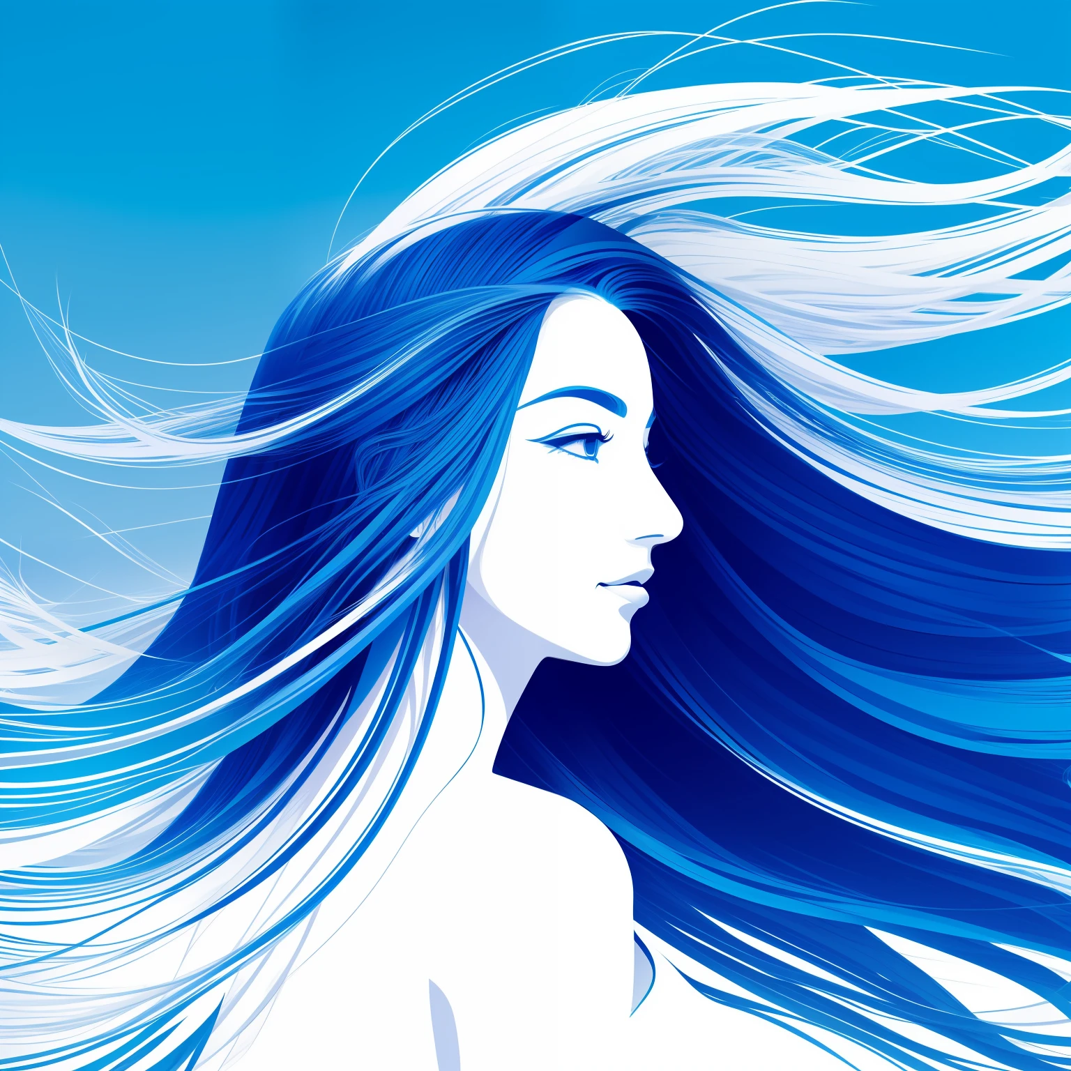 a woman with long hair with a blue background, full body , with a blue background, white hair floating in air, wind blowing and hair flowing, side profile artwork, inspired by Arthur B. Carles, by Sun Junze, windswept, wind - swept, inspired by amano