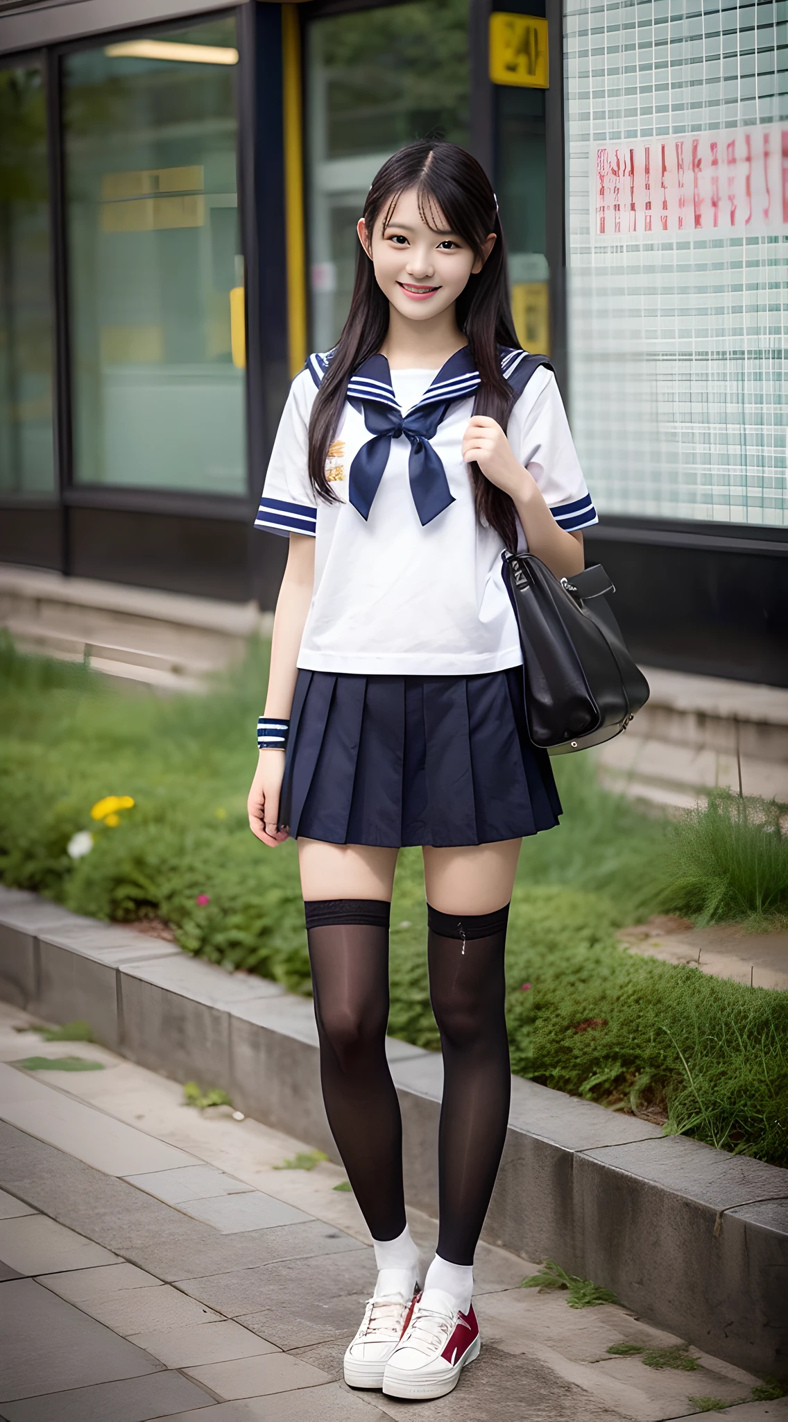 1girl, Cute, black-haired, 14 years old, Smile, Looks pure, Sailor Suit, Photography, Realistic, Best Quality, Detailed face, Full body, slender, Slender legs, Long legs, Wearing thigh-high socks, shoes on, station platform, carrying a school bag,