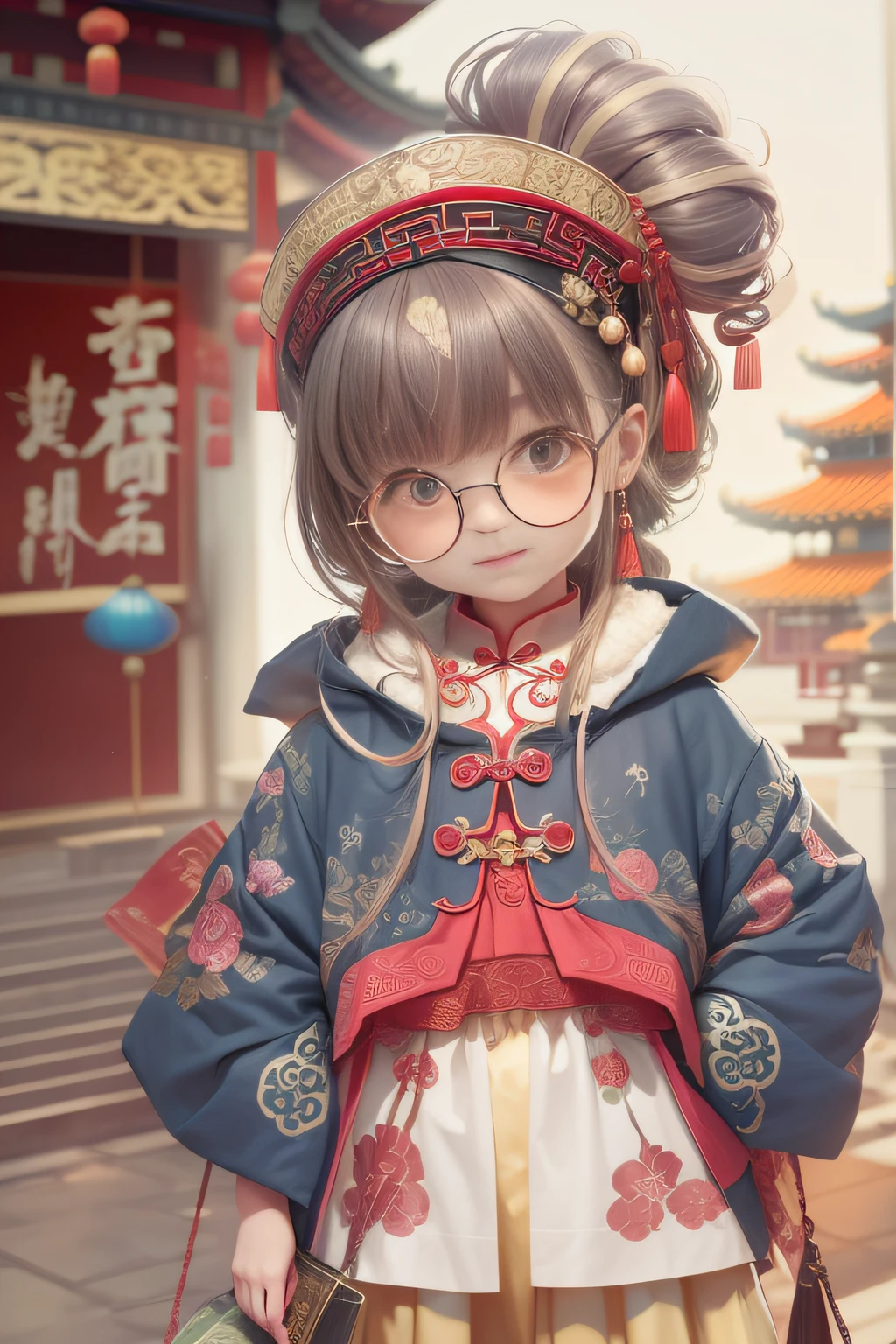 (China - chic Chinese cute little girl,anatomy correct,Wear stylish glasses,Modern headgear,Oriental elements),(China - Fashion illustration:1.5,Vector painting:1.5),(Chinese colors,senior color matching,gradient backgrounds,white backgrounid),(The is very detailed,reasonable design,Clear lines,High- sharpness,best qualtiy,tmasterpiece,offcial art,movie light effect,4K)
