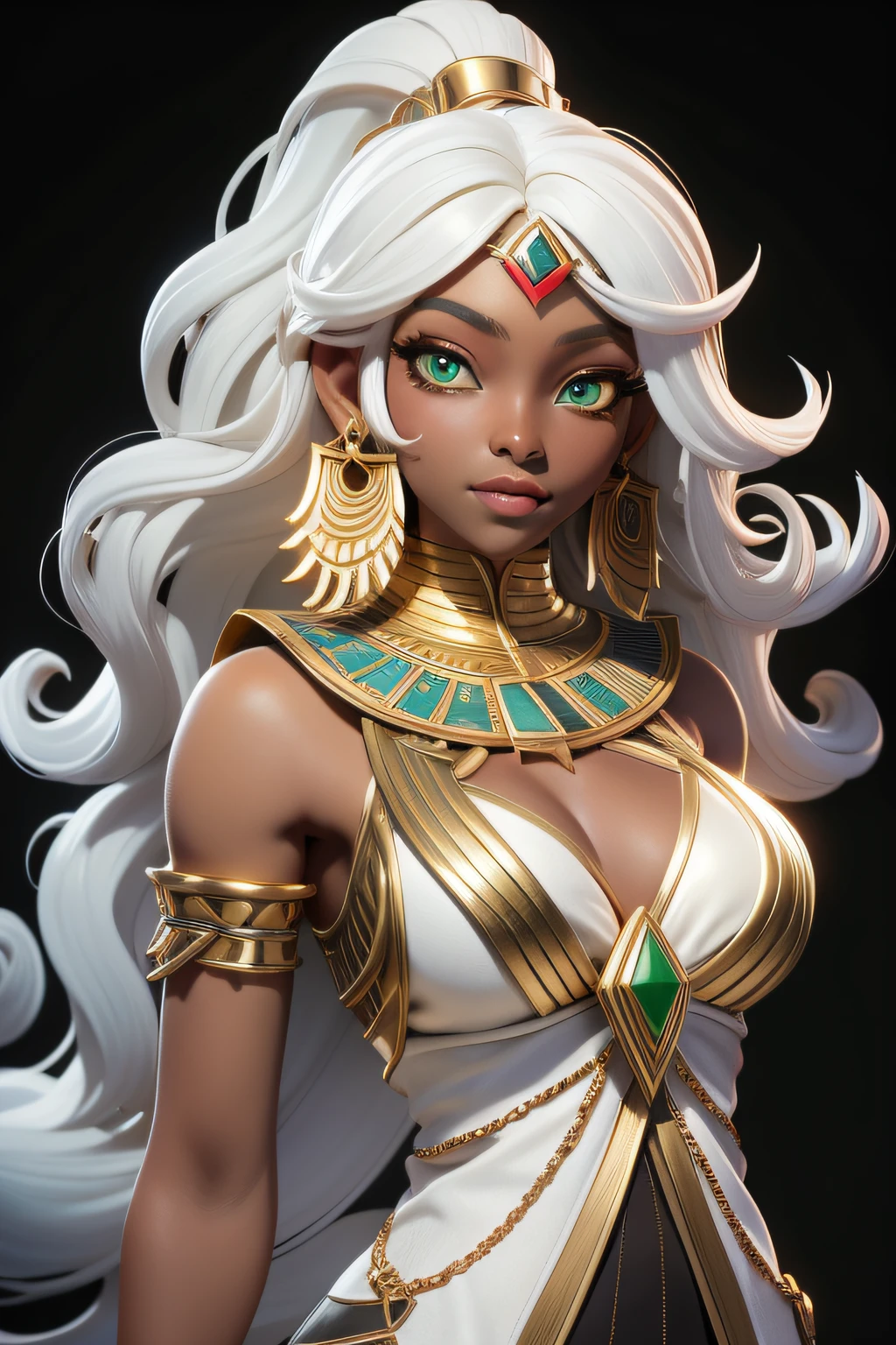 masterpiece, best quality, 1 girl, lime green eyes, dark skin, white hair, long hair, gold earrings, egyptian, jewelry, black dress, simple background, solo, upper body, curly hair
