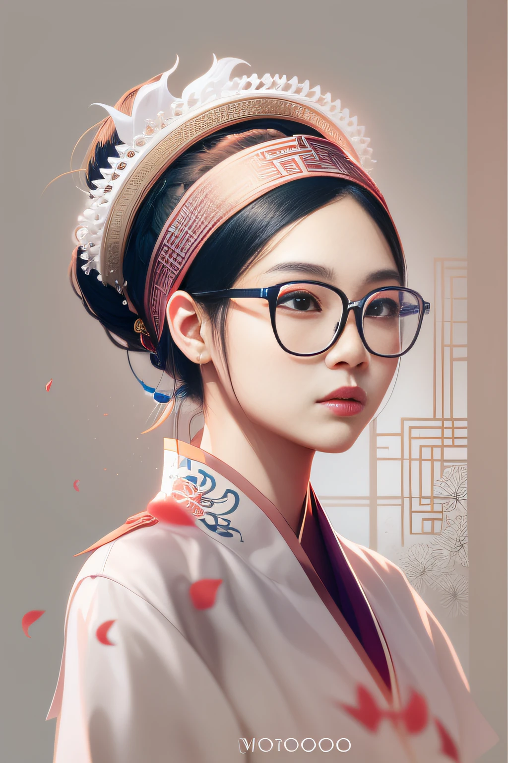 (China - chic Chinese cute girl,anatomy correct,Wear stylish glasses,Modern minimalist headgear,Oriental elements),(China - Fashion illustration:1.5,Vector painting:1.5),(Chinese colors,senior color matching,gradient backgrounds,white backgrounid),(The is very detailed,reasonable design,Clear lines,High- sharpness,best qualtiy,tmasterpiece,offcial art,movie light effect,4K)