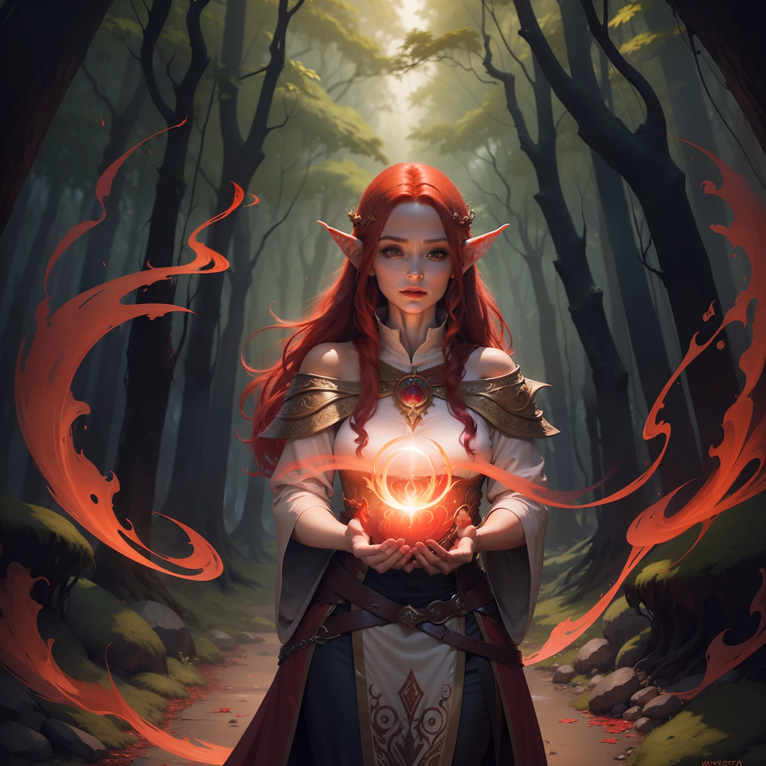 "(Female elven sorcerer with vibrant red hair) standing in a mystical forest, surrounded by swirling magical energy and casting a powerful spell."