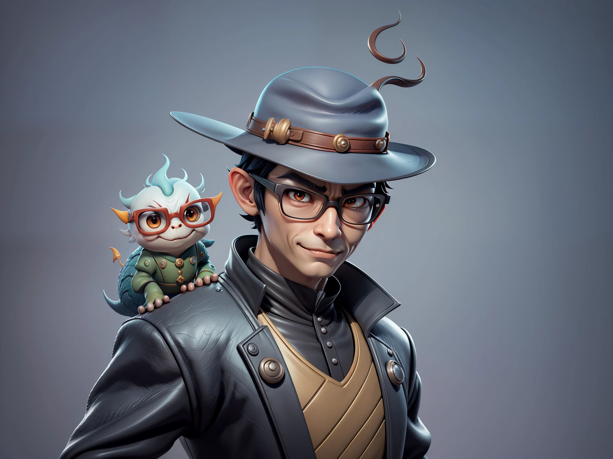 Young man with oriental face in leather hat, dragon, formal suit, short black hair, silver glasses, digital painting, 3D character design by Mark Clairedon and Pixar and Hayao Miyazaki and Akira Toriyama, the illustration is a high-definition illustration in 4K resolution with very detailed facial features and cartoon-style visuals.