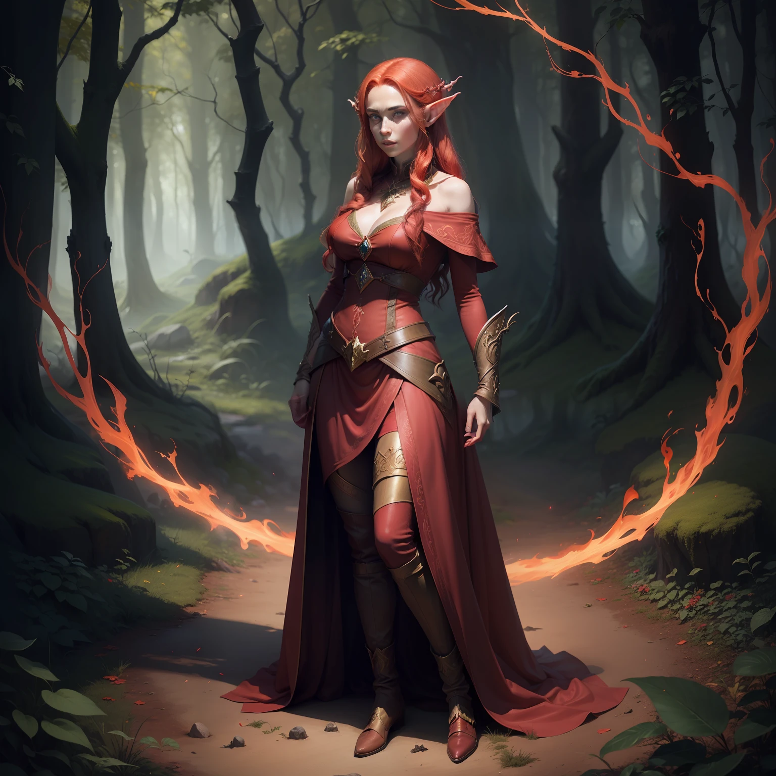 "(Female elven sorcerer with vibrant red hair) standing in a mystical forest, surrounded by swirling magical energy and casting a powerful spell."