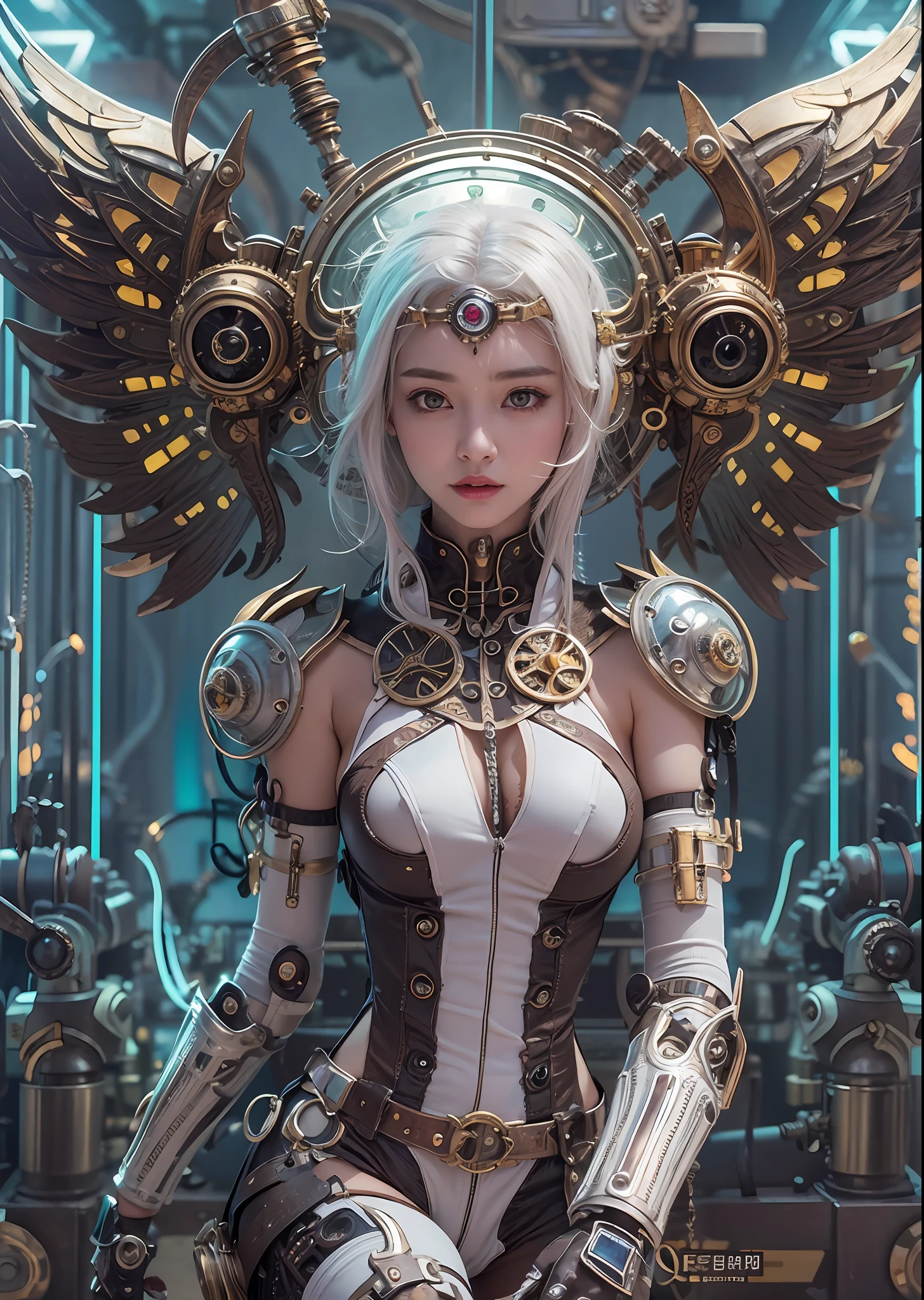 top-quality、masterpiece、超A high resolution、(Photorealsitic:1.4)、Raw photo、Steampunk Cyborg Angel、large wings made of metal、White porcelain body、white hair、glowy skin、1 steampunk girl、((super realistic details))、portlate、globalillumination、Shadow、octan render、8K、ultrasharp、character edge light、Colossal tits、Raw skin is exposed in cleavage、Details of complex ornaments、Details of the steam engine、Hydraulic cylinder、Small LED lamp、highly intricate detail、Realistic light、a purple eye、radiant eyes、Facing the camera、neon details、cowboy shot、Futuristic headgear、The background is a steampunk city、、