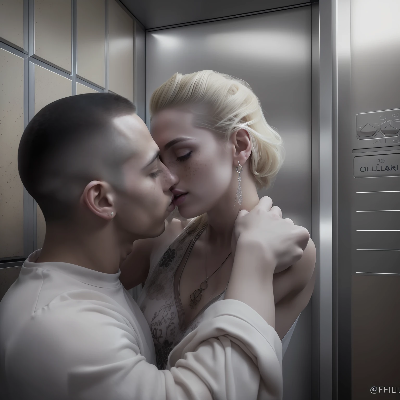 Couple in love hugging and kissing on the mouth inside the elevator of a building, um homem ((30 anos,pele caramelo, com cavanhaque, buzz cut)) E mulher ((americana, 25 anos, pale skin and freckles, olhos cinzas, nariz delicado, soft and delicate lips, cabelo blondie cinza longo e ondulado)), dinamic poses, ultrarrealista HD altamente renderizado fotorrealista, luz natural do dia, Fuji Camera