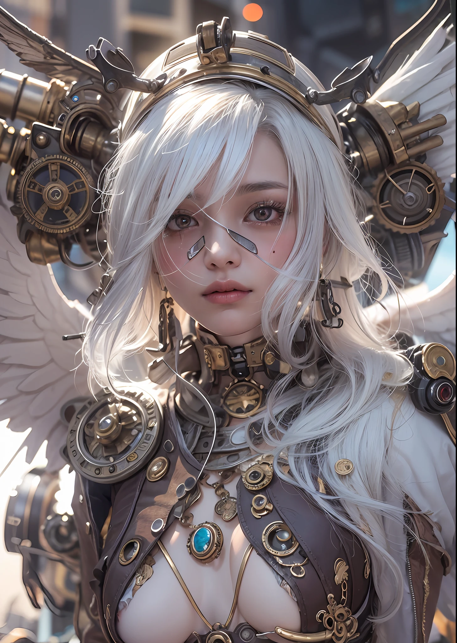 top-quality、masterpiece、超A high resolution、(Photorealsitic:1.4)、Raw photo、Steampunk Cyborg Angel、large wings made of metal、White porcelain body、white hair、glowy skin、1 steampunk girl、((super realistic details))、portlate、globalillumination、Shadow、octan render、8K、ultrasharp、character edge light、Colossal tits、Raw skin is exposed in cleavage、Details of complex ornaments、Details of the steam engine、Hydraulic cylinder、Small LED lamp、highly intricate detail、Realistic light、a purple eye、radiant eyes、Facing the camera、neon details、cowboy shot、Futuristic headgear、The background is a steampunk city、、