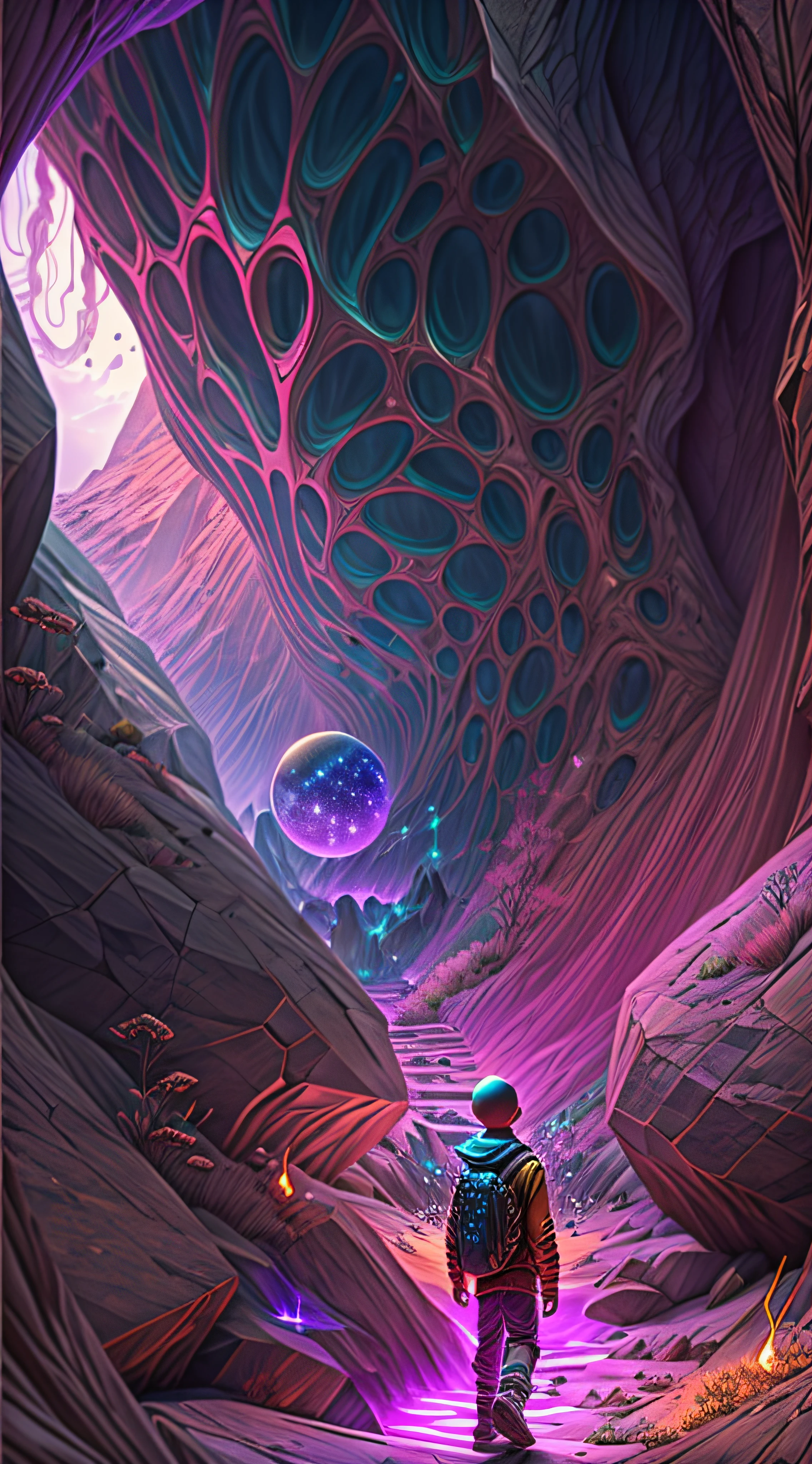 Realistic scene of a boy walking on a Mysterious path in a cave looking at a Portal , concept art inspired by Beeple, trending on Artstation, conceptual art, 3 d render beeple, beeple masterpiece, beeple rendering, beeple artwork, artgem and beeple masterpiece, in style of beeple, beeple art, beeple daily art, Designed by Nalisten for Realverse, Draw a young caramel skin Male with bald Hair, Walking inside a Huge mountain cave on a Mysterious path floating in the middle of Huge Cave mountain Opening Leading to a Portal an alternate Dimension , turn his back on viewers , from behind , surrounded by Colorful shiny Crystals Glisstening and sparkling in the camera and energy Orbs glowing with fiery auras BREAK Dramatic lighting from distant SHooting stars Glistening like Diamonds illuminates the scene, casting deep shadows on the Clothing wearing streetwear Gucci Mink Designer Outfit, looking at the Portal and mysterious Contrasting colors on the other side with wonder and Awe with curiosity ,BREAK,Detailed,Realistic,4k highly detailed digital art,octane render, bioluminescent, BREAK 8K resolution concept art, realism,by Mappa studios,masterpiece,best quality,official art,illustration,ligne claire,(cool_color),perfect composition,absurdres, fantasy,focused,rule of thirds