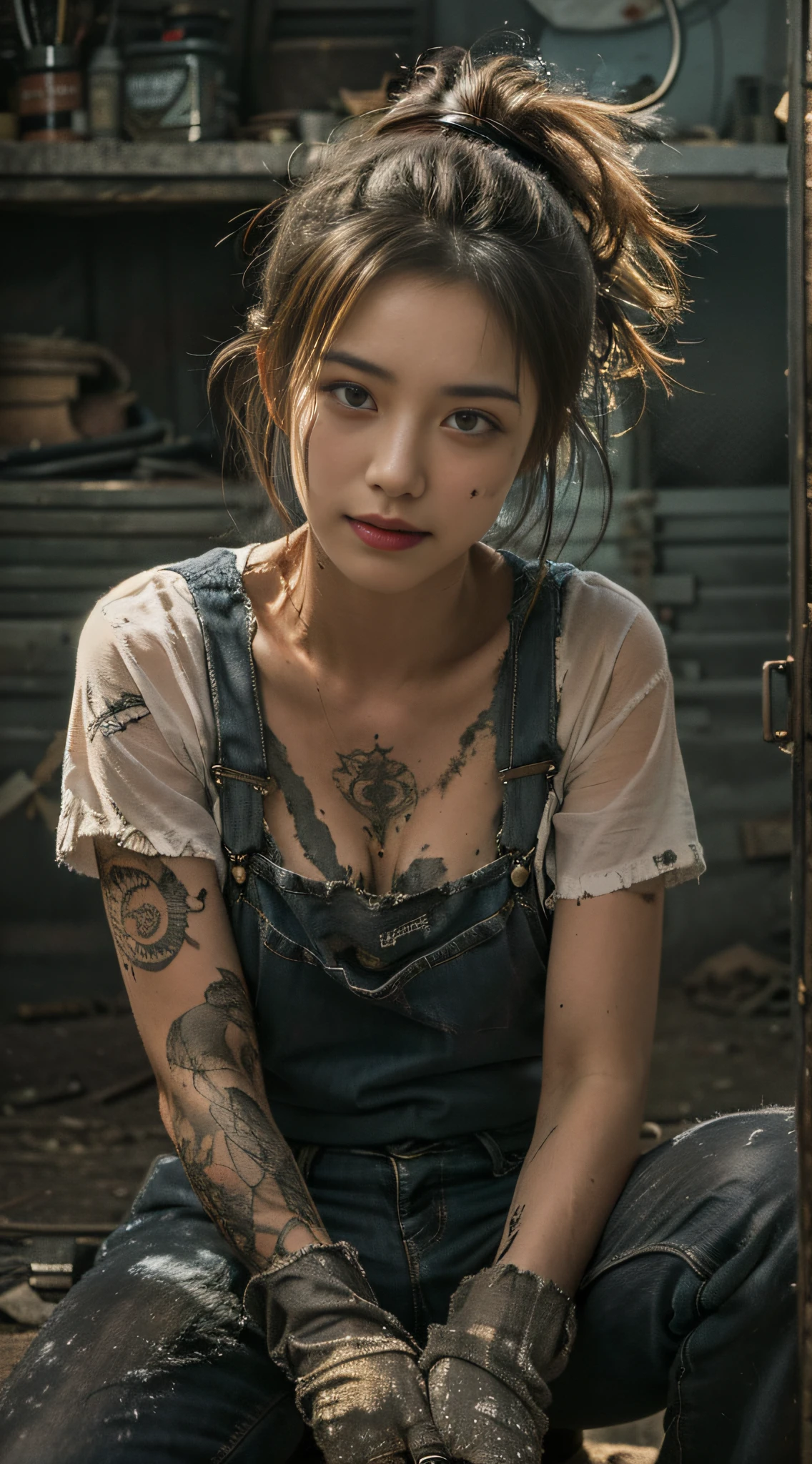((best quality)), ((masterpiece)), (detailed), mesmerizing and alluring female mechanic covered in grease,Confident smile,Look into the camera,(Dirty and rugged charm:1.2), (tough and confident demeanor:1.1), (mechanical expertise:1.3), disheveled hair, smudged face with a playful smirk, stained overalls clinging to her curves, (gritty tools of the trade:1.2), cluttered repair shop, scattered car parts, (authentic automotive ambiance:1.2), (intense gaze:1.1), gripping a wrench in her dirty hands, 8k resolution,looking at another, looking away,( tattoo:1.2), masterpiece, best quality,Photorealistic, ultra-high resolution, photographic light