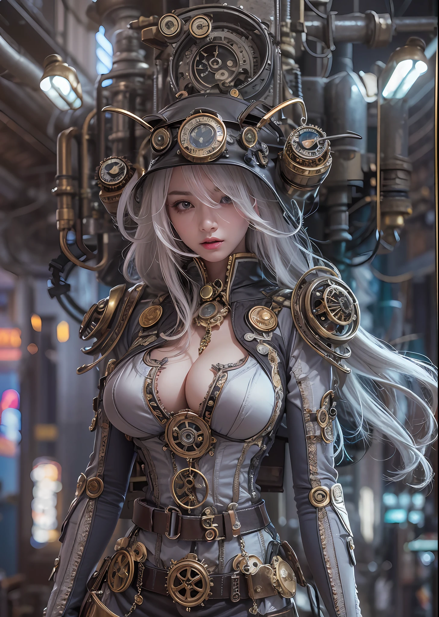 top-quality、​masterpiece、超A high resolution、(Photorealsitic:1.4)、Raw photo、Steampunk Cyborg Angel、large wings made of metal、White porcelain body、white  hair、glowy skin、1 steampunk girl、((super realistic details))、portlate、globalillumination、Shadow、octan render、8K、ultrasharp、character edge light、Colossal tits、Raw skin is exposed in cleavage、Details of complex ornaments、Details of the steam engine、Hydraulic cylinder、Small LED lamp、highly intricate detail、Realistic light、a purple eye、radiant eyes、Facing the camera、neon details、cowboy  shot、Futuristic headgear、The background is a steampunk city、、