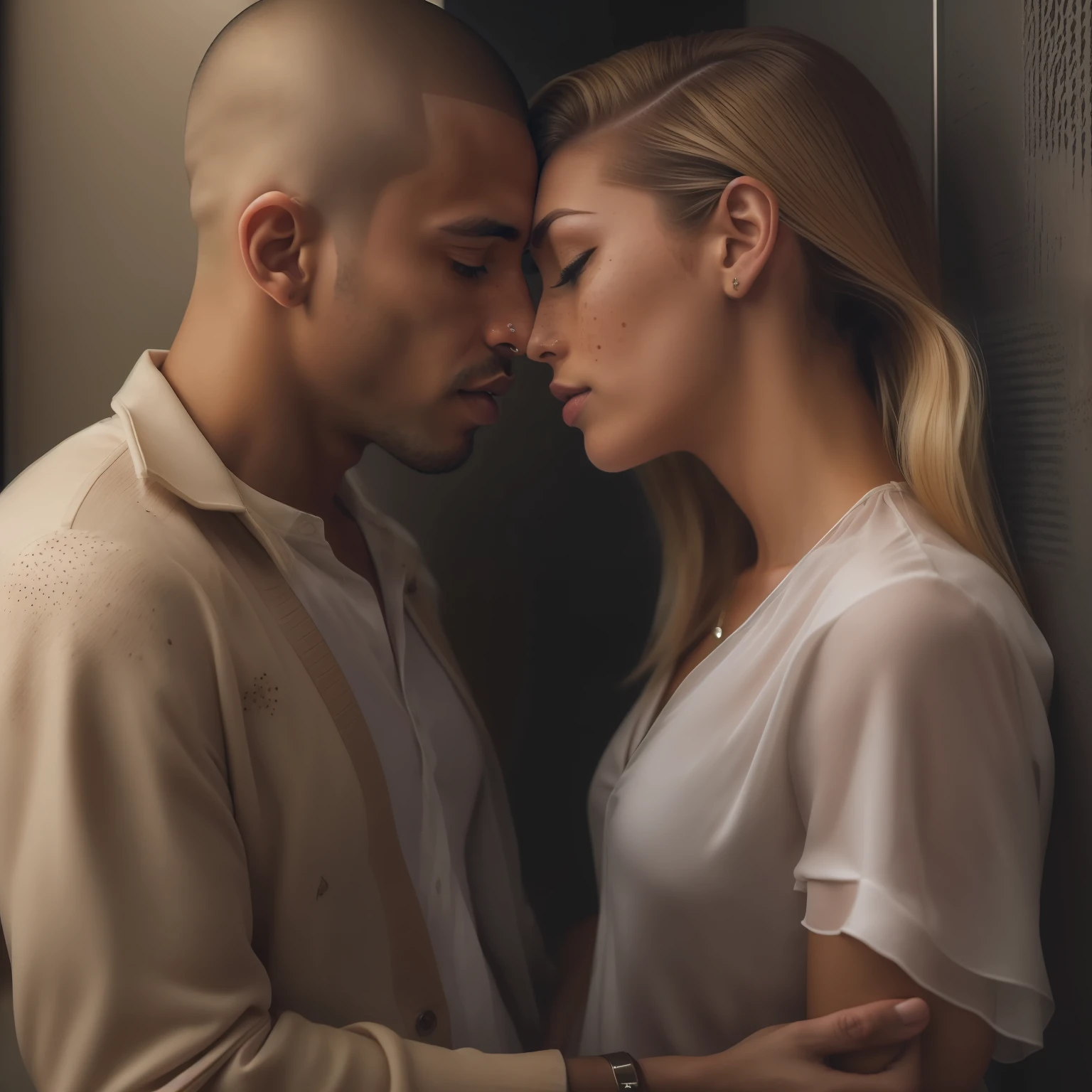 Couple in love hugging and kissing on the mouth inside the elevator of a building, um homem ((30 anos,pele caramelo, com cavanhaque, buzz cut)) E mulher ((americana, 25 anos, pale skin and freckles, olhos cinzas, nariz delicado, soft and delicate lips, cabelo blondie cinza longo e ondulado)), dinamic poses, ultrarrealista HD altamente renderizado fotorrealista, luz natural do dia, Fuji Camera