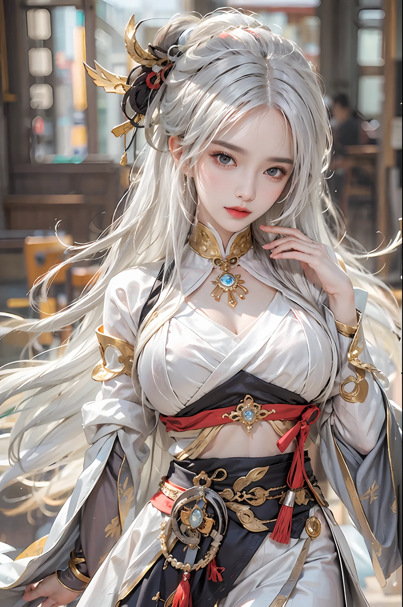 photorealistic, high resolution, 1women, solo, hips up, look at viewer, (detailed face), narrow waist, closed lips, white hair, long hair, ganyu costume, genshin impact, jewelry