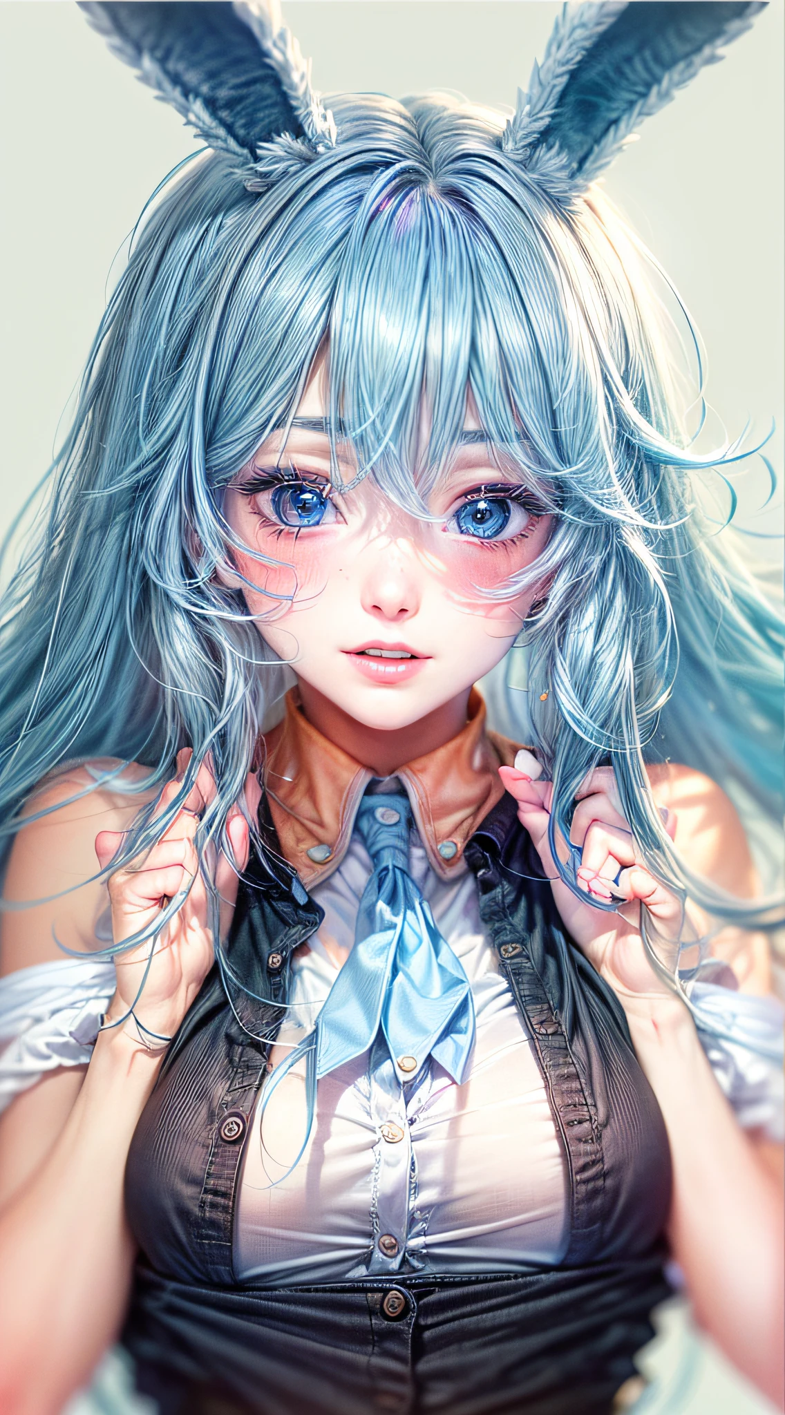 (Masterpiece:1.4),(Best quality:1.4), ((bust photo)) photo of a young woman, blue bunny ear, big breasts, hair between her eyes, ((long blue hair)), oval face , double eyelids, parted lips, detailed blue eyes, solo, sexy, natural, bright red lips, highly detailed skin, skin with skin pores , wearing (a white dress shirt+red tie), ((pale skin)), ( sfw) with both hands on his face making an expression of happiness.