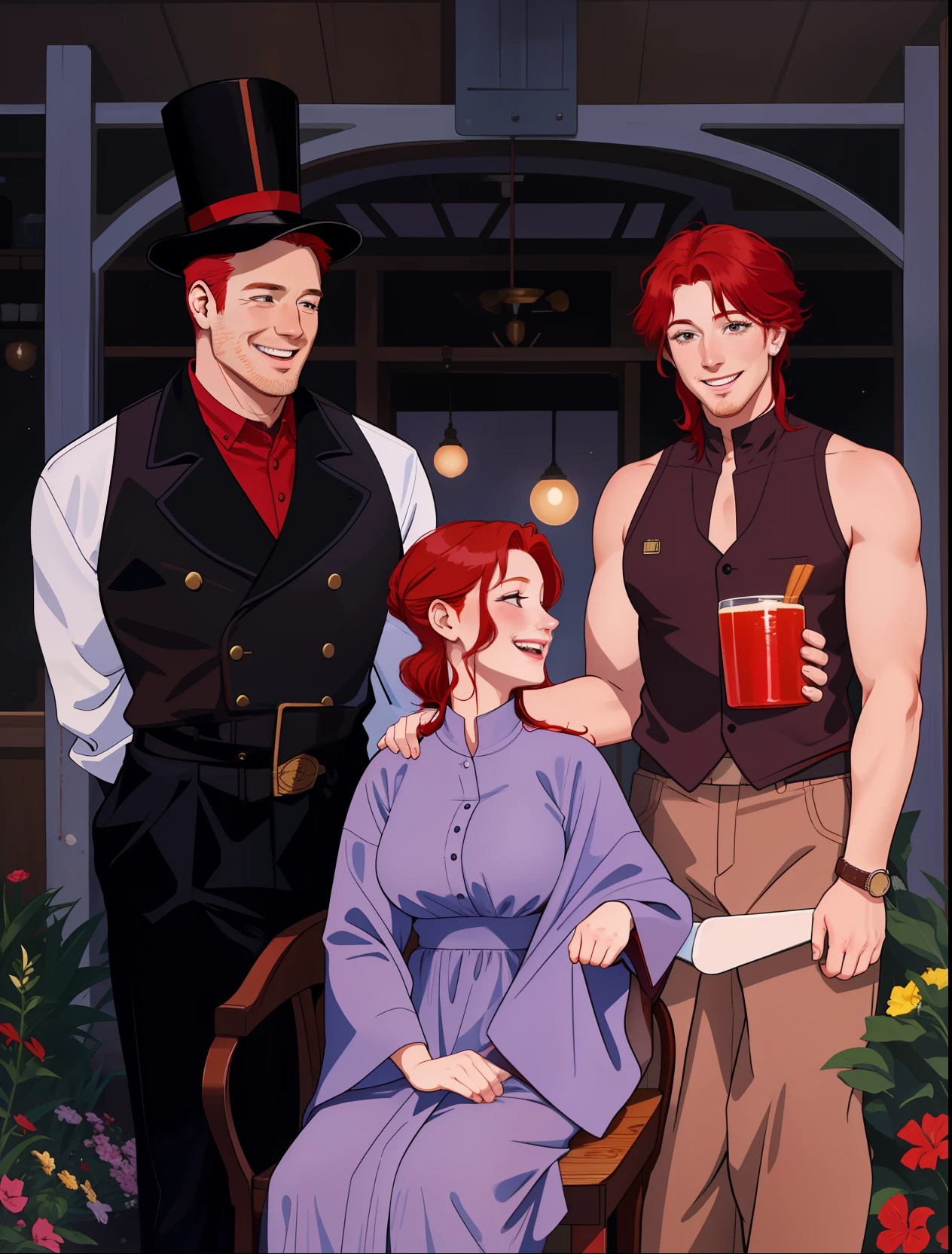 A red-haired woman aged 35 years smiling closed and looking at a man above slapping her arm.