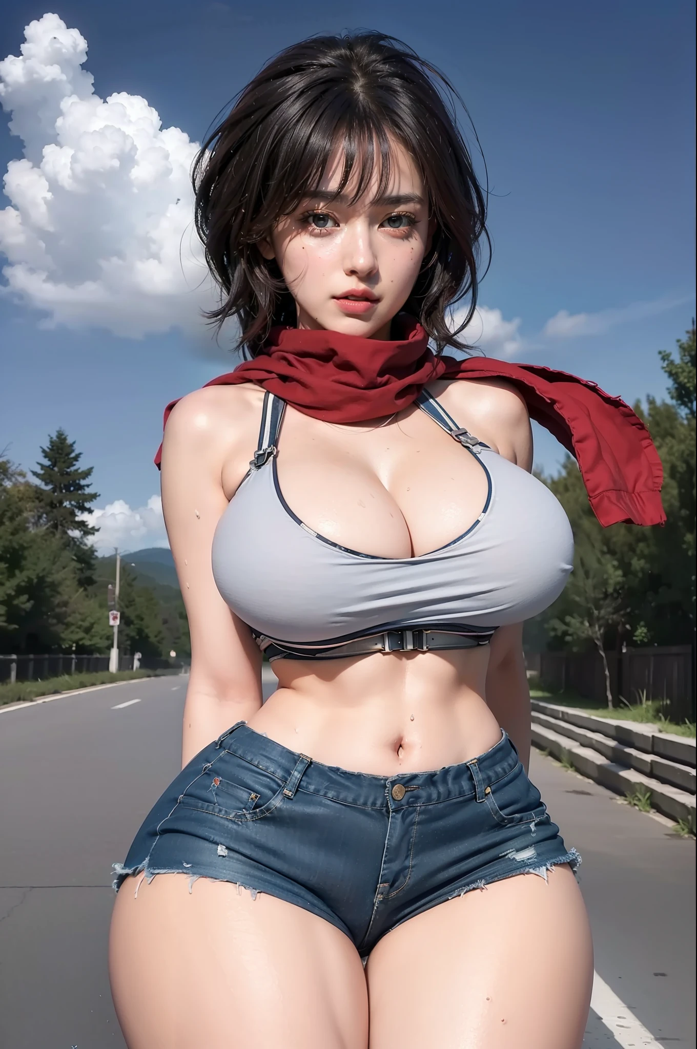 (extremely detailed CG unity 8k wallpaper), (masterpiece), (best quality), (ultra-detailed), (best illustration), (ultra-high res), (photorealistic:1.4),(gigantic breast:1.4), beautiful, thicc, thighs, hiqcgbody, cinematic lighting, 22 years old, sultry, sweat