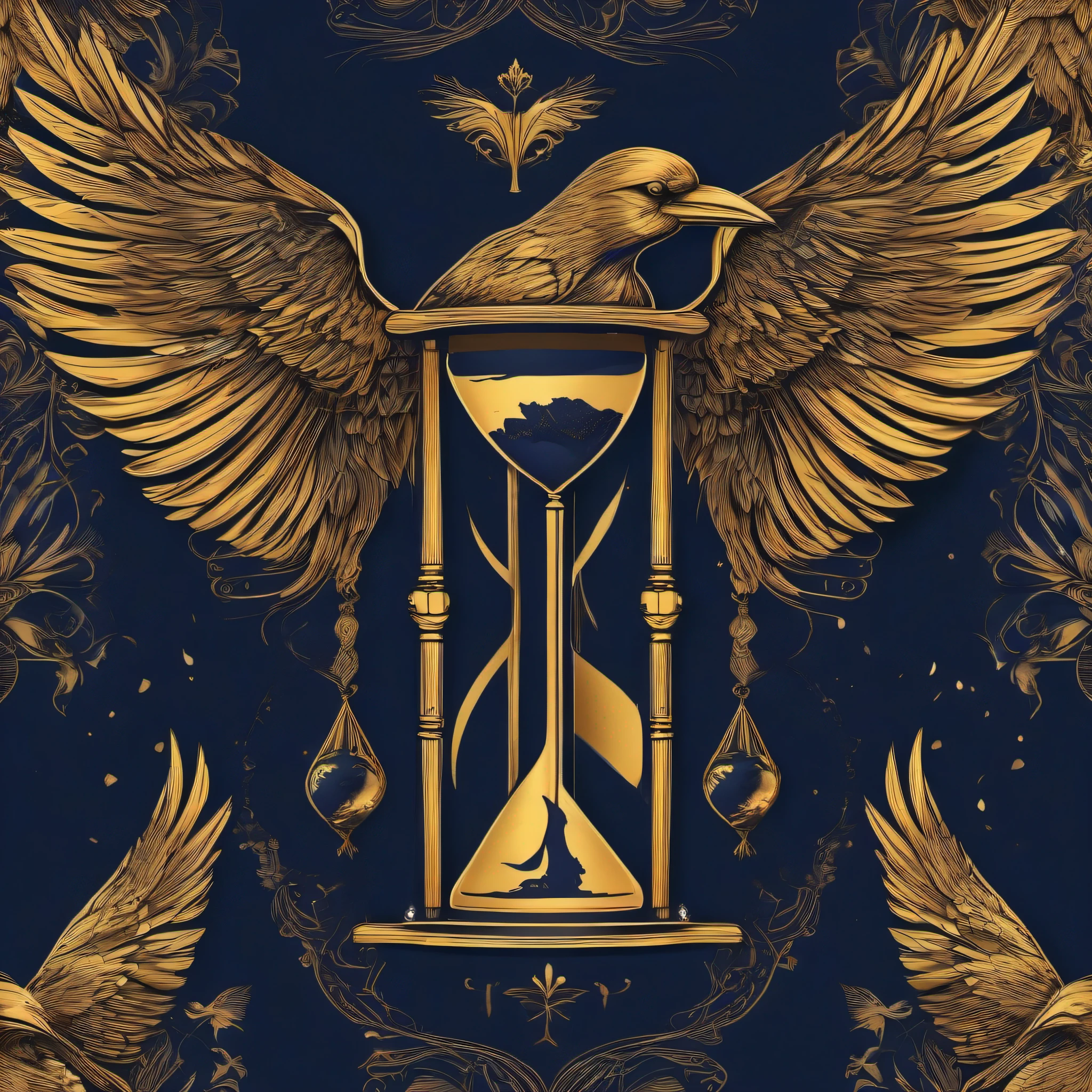 ((hour glass+Beautiful crow:1.2):0.9),silhuette,designed with careful attention to detail,Sophisticated fonts,Dark blue and gold color scheme,Expression of nobility and intelligence,Beautiful logo completed