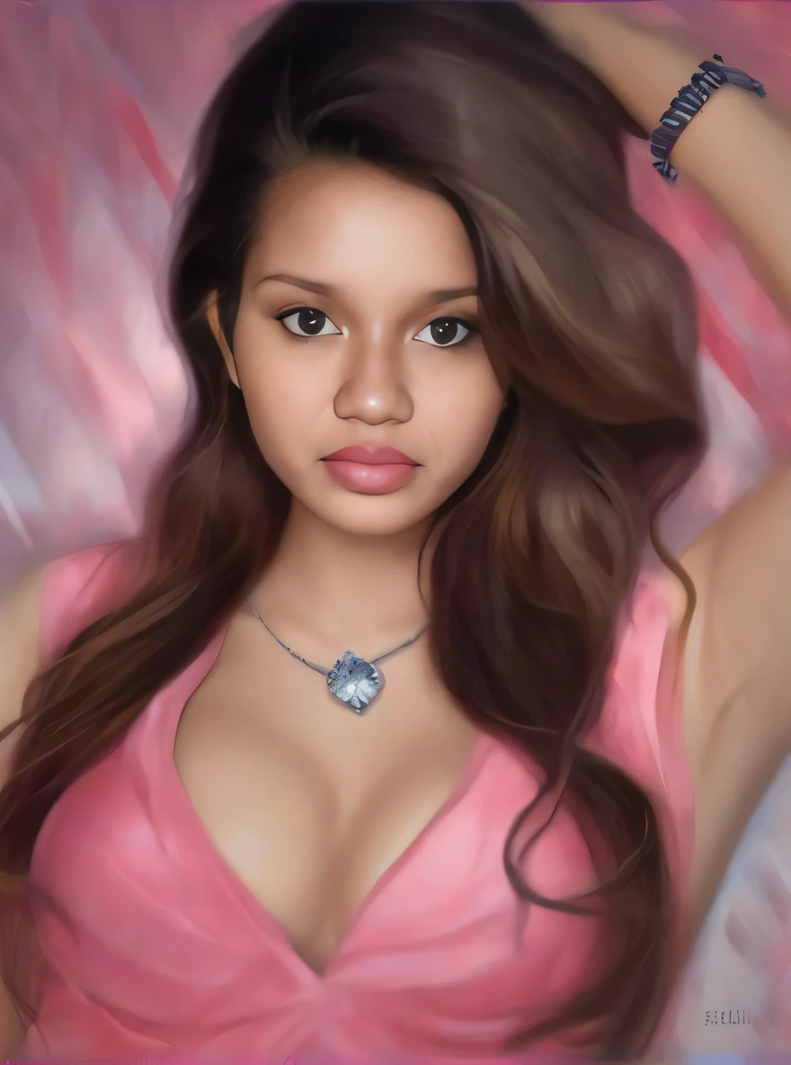 uma pintura de uma mulher em um vestido rosa com um colar, airbrush digital oil painting, pintura realista da bonito, Pintura de Ariana Grande, pintura digital brilhante, digital airbrush painting, fotorrealista!!!!!!! estilo de arte, pintura digital fotorrealista, pintura digital sensual, pintura digital realista, Directed by: Randy Vargas, pintura de bonito, digital art oil painting, Airbrushed