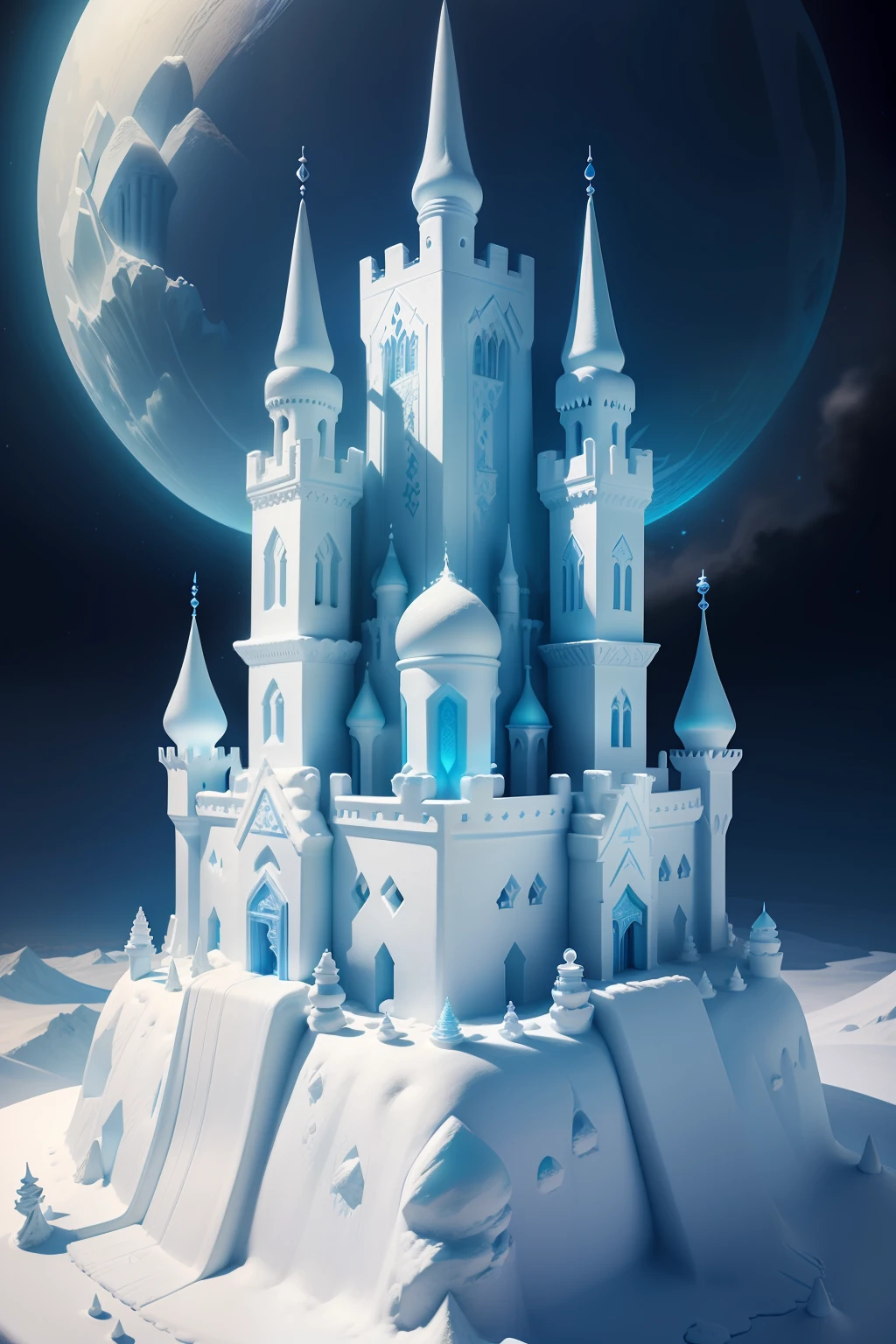 Snow-white ice castle, An ice castle with high sun, A majestic ice castle, Ice castle with unique Islamic architectural style。