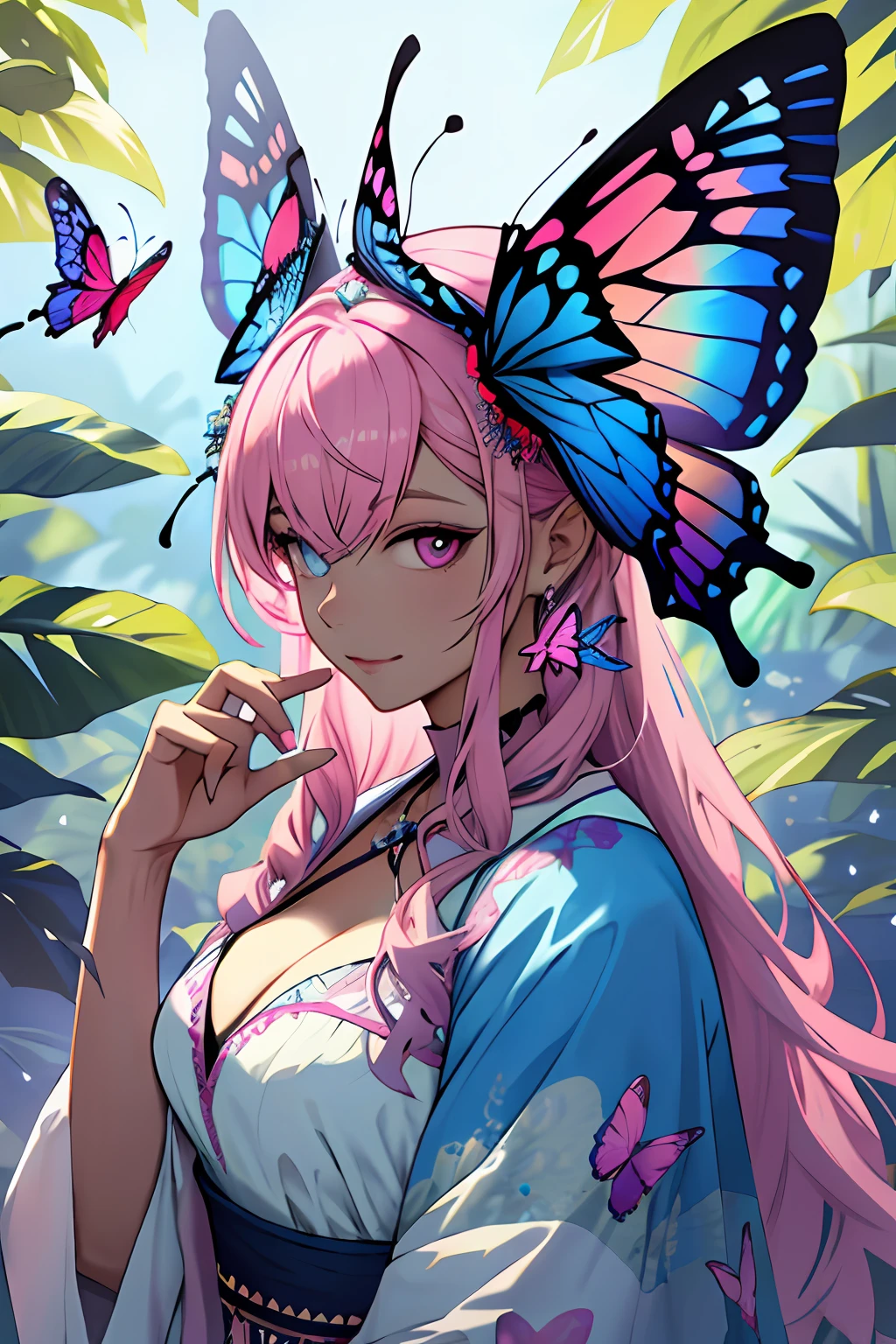 Woman wearing a butterfly headdress,She looks very beautiful,One eye is pink,One blue,plethora of colors