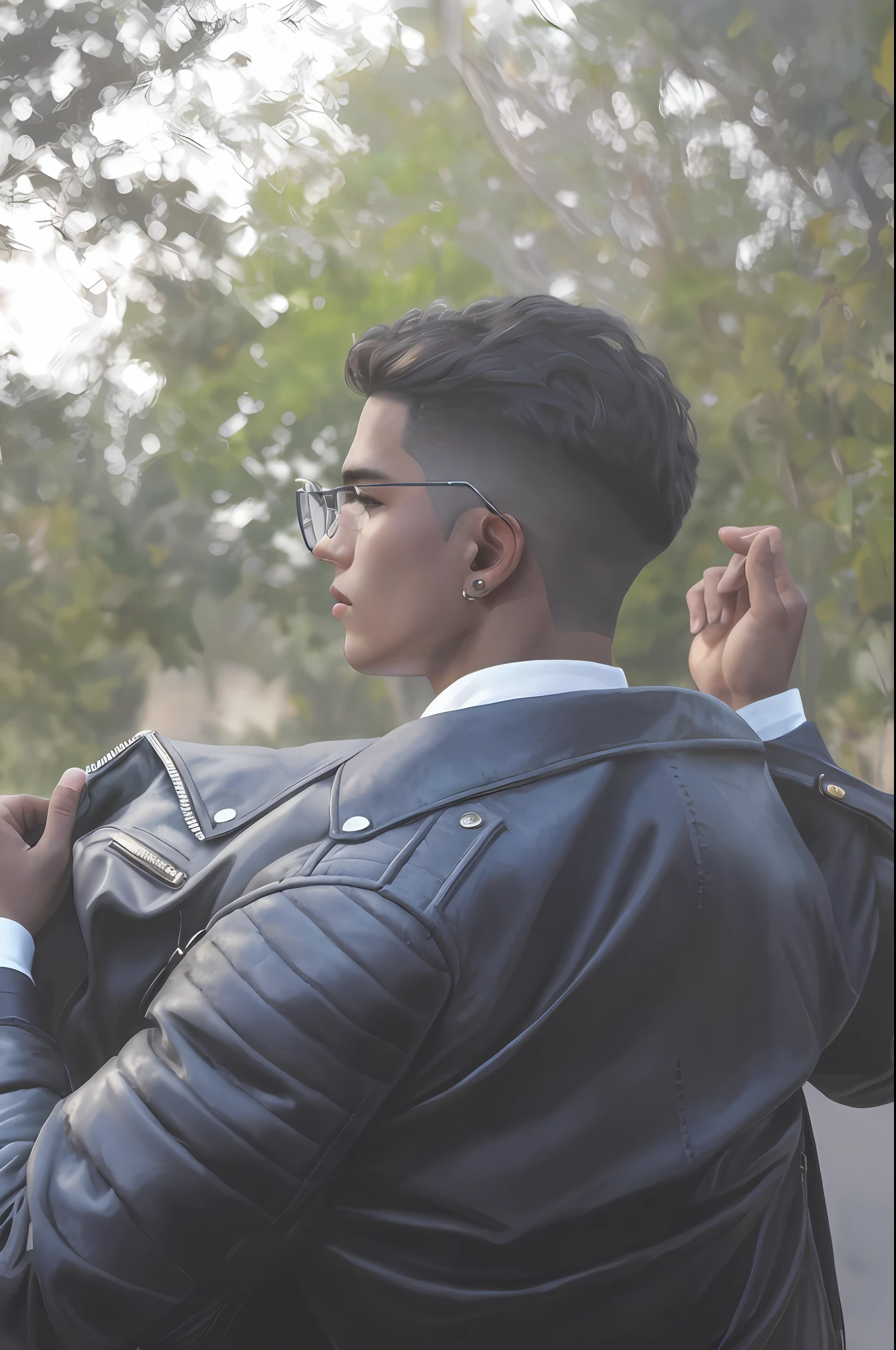 Masterpiece, absurdres, fine detail, HDR,
solo, looking at viewer, short hair, bangs, simple background, black hair, 1boy, white background, hair between eyes, jewelry, closed mouth, jacket, male focus, earrings, grey background, black eyes, coat, black jacket, black shirt, portrait, black coat, realistic, FH