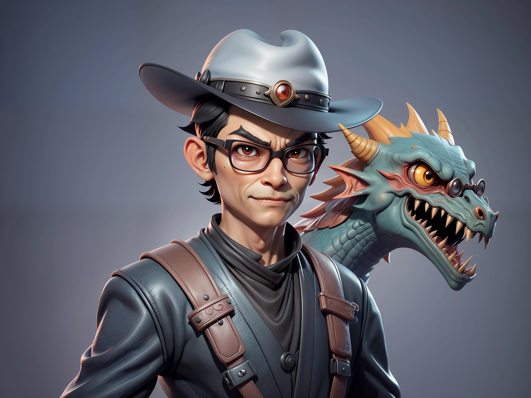 Young man with oriental face in leather hat, dragon, formal suit, short black hair, silver glasses, digital painting, 3D character design by Mark Clairedon and Pixar and Hayao Miyazaki and Akira Toriyama, the illustration is a high-definition illustration in 4K resolution with very detailed facial features and cartoon-style visuals.