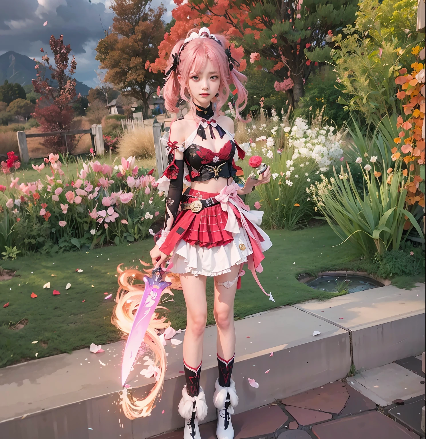 Un primer plano de una persona con un vestido y botas con una espada, Ayaka Game Genshin Impact, Impacto de Ayaka Genshin, Pelo rosa de cola doble y ojos cian, Sakura Kinomoto, shalltear bloodfallen, Pose de lanzamiento de hechizos, sakura petals around her, Personaje del videojuego Katana Zero, Bright crimson head, Crimson red aura, Motor irreal, ojos perfectos,