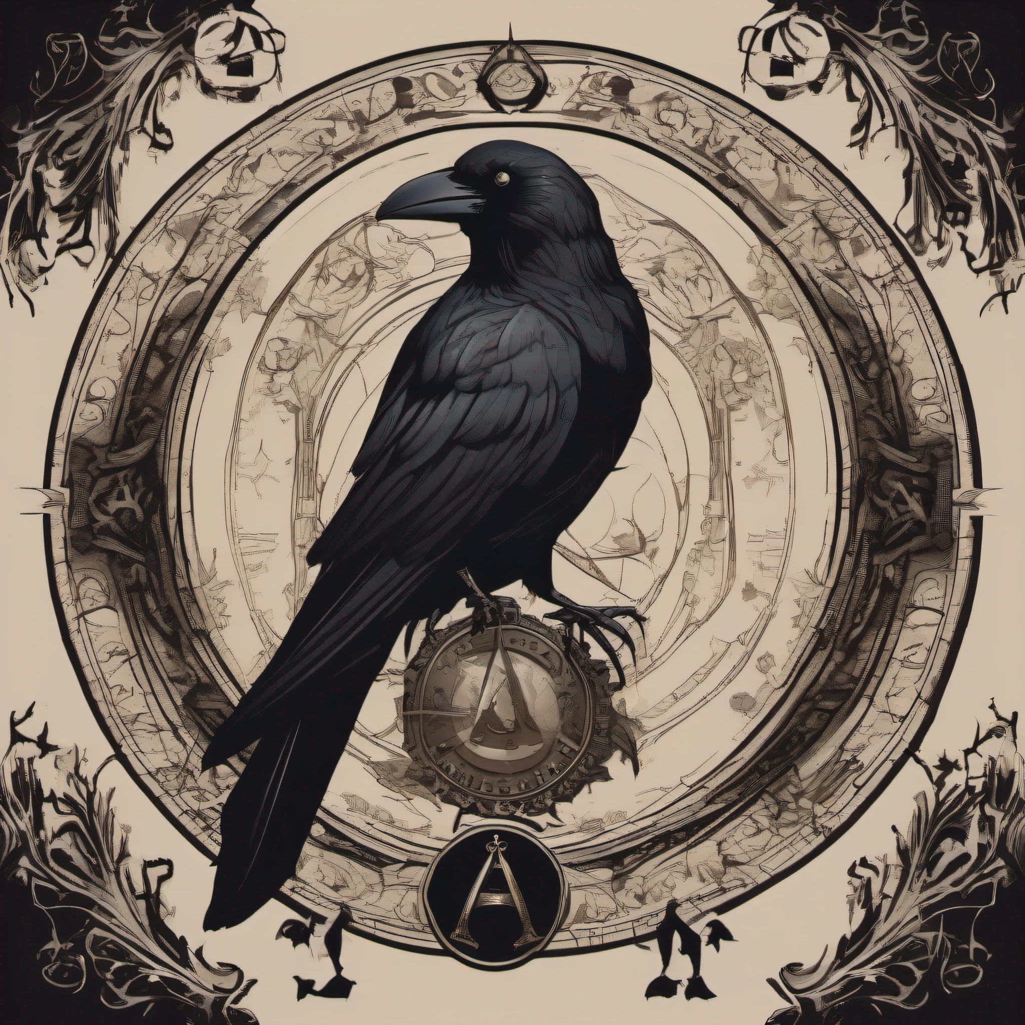Reminiscent of ancient secret societies、Create a coat of arms that combines a crow and an hourglass。Crow in a strange magic circle、Design that floats in the middle of the hourglass。The font of the coat of arms uses an elegant Gothic font、Expresses a mysterious and occult atmosphere。