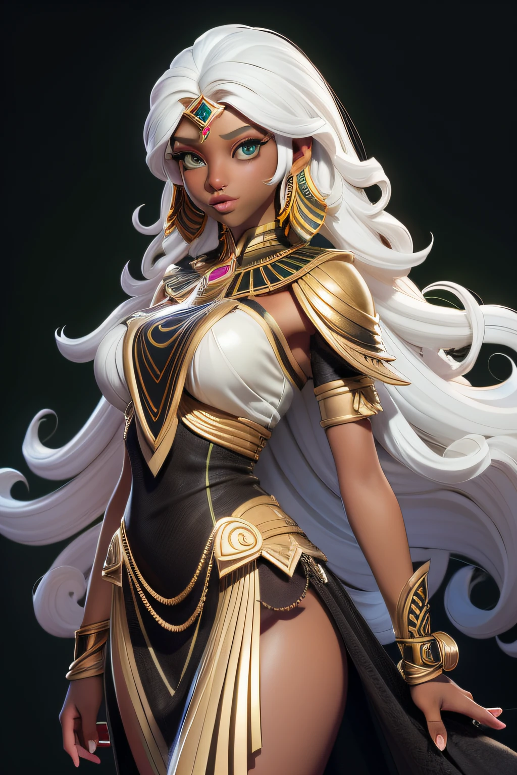 masterpiece, best quality, 1 girl, lime green eyes, dark skin, white hair, long hair, gold earrings, egyptian, jewelry, black dress, simple background, solo, upper body, curly hair