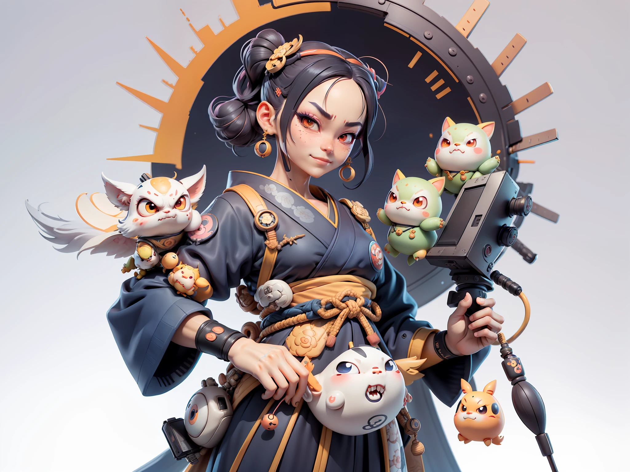 (Daisaku),(Need),(Super meticulous),(full bodyesbian:1.2),Japanese ukiyo-e girl,japanese geisha,Beautiful,Oriental dragon,Aeolian Thor,Raised sexy,爆乳,Oriental face,TV Anchor,Bust portrait illustration,Alone,In black suit,a blue tie,The face is slightly chubby,The face was clean,without a beard,Black super short hair,Black eyes,Smile confidently,3C computer sub-products,iPad, iphone,Digital painting,3D character design by Mark Clairen and Pixar and Hayao Miyazaki and Akira Toriyama,The illustration is a high-definition illustration in 4K resolution,With very detailed facial features and cartoon-style visuals。