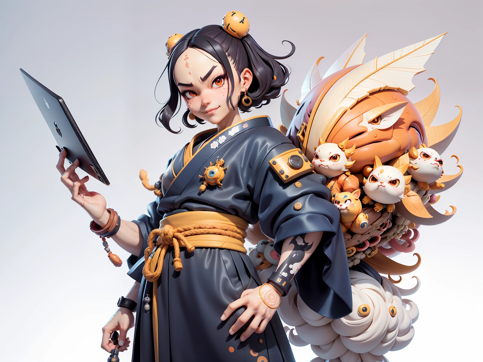 (Daisaku),(Need),(Super meticulous),(full bodyesbian:1.2),Japanese ukiyo-e girl,japanese geisha,Beautiful,Oriental dragon,Aeolian Thor,Raised sexy,爆乳,Oriental face,TV Anchor,Bust portrait illustration,Alone,In black suit,a blue tie,The face is slightly chubby,The face was clean,without a beard,Black super short hair,Black eyes,Smile confidently,3C computer sub-products,iPad, iphone,Digital painting,3D character design by Mark Clairen and Pixar and Hayao Miyazaki and Akira Toriyama,The illustration is a high-definition illustration in 4K resolution,With very detailed facial features and cartoon-style visuals。