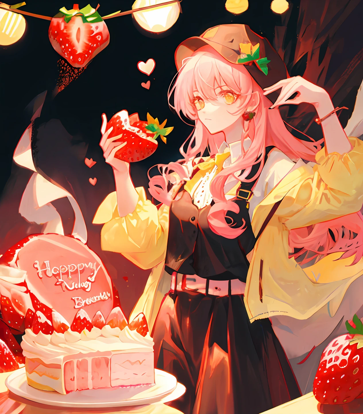Long pink curly hair，Yellow eyes，Holding a strawberry cake