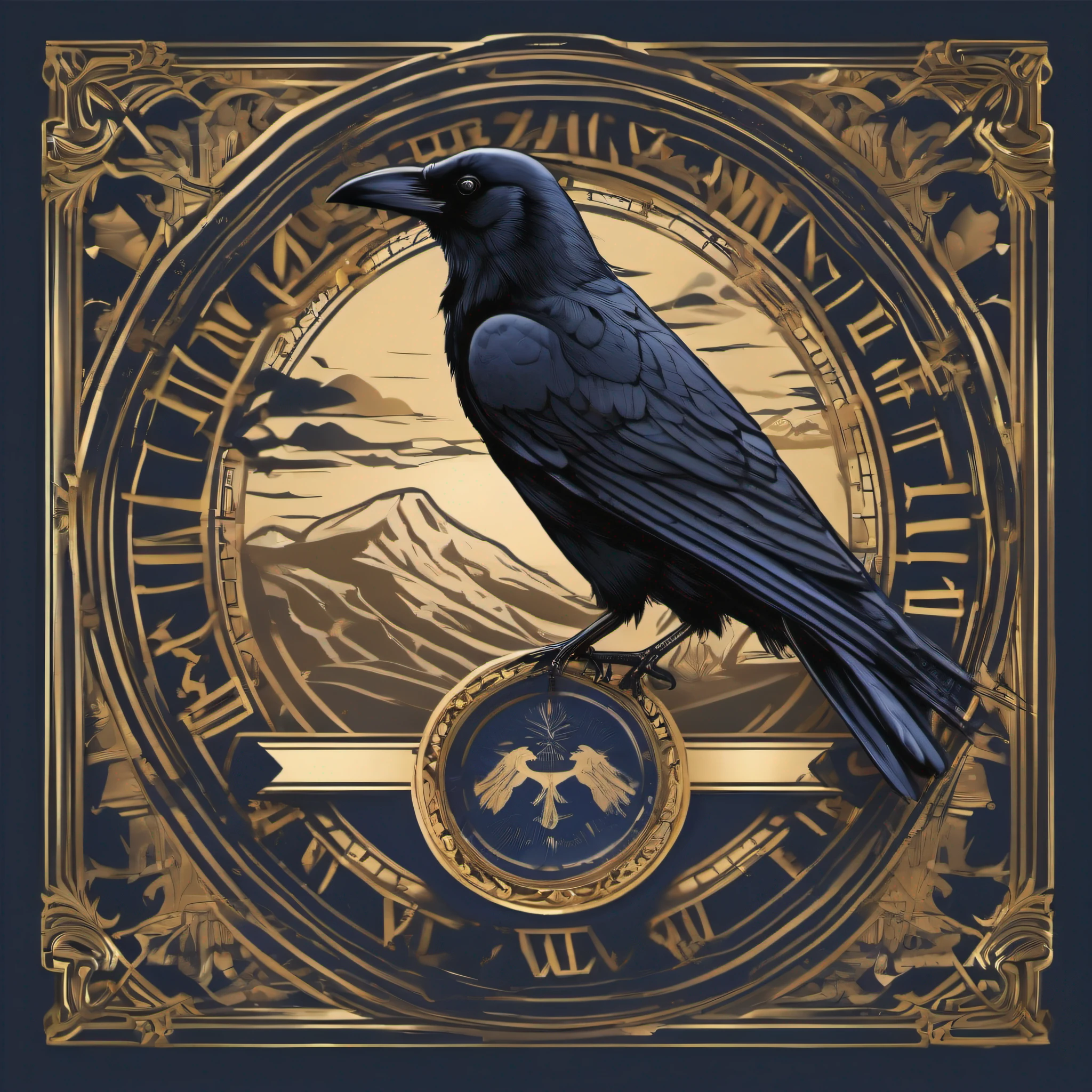 As a symbol of wisdom and time、Create a logo with the image of a beautiful crow next to the hourglass。The crow is represented by a silhouette、The hourglass is designed with attention to detail、Combine sophisticated fonts to complete your logo。The logo color scheme includes::::::::::::、Use dark blue and gold colors、Expressing nobility and intelligence。