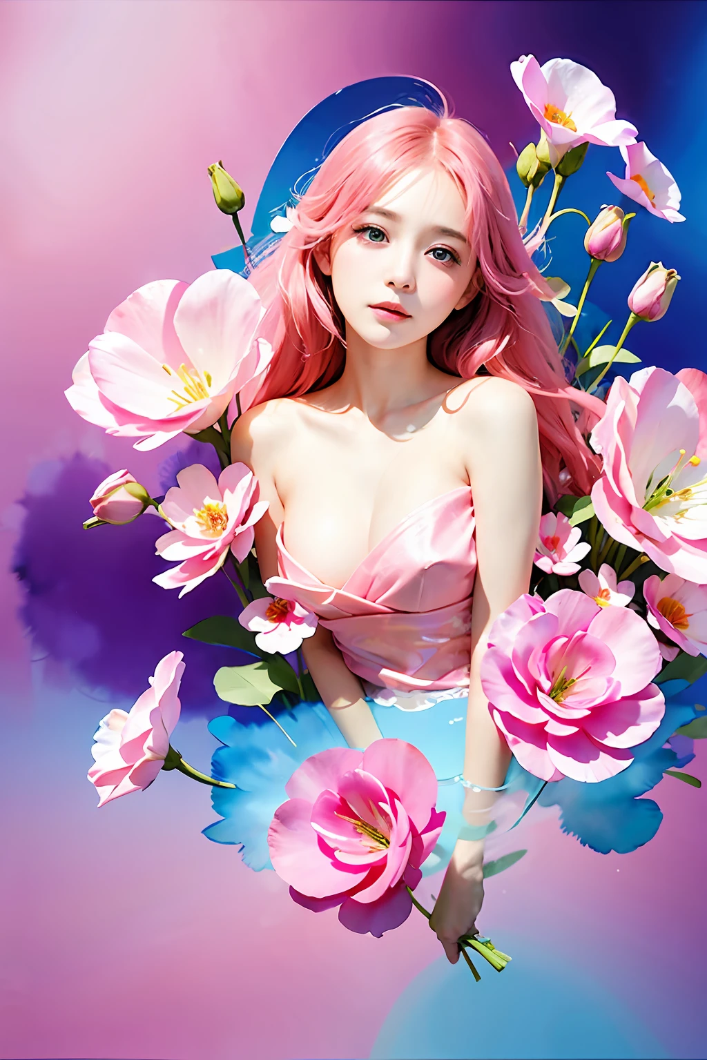 1girl、florals、Lisianthus、in the style of pale pink and bright azure、dreamy and romantic compositions、Pale pink、Ethereal leaves、Playful placement、Fantasia、highly contrast、Ink strokes、explosions、over exposure、Purple and red tone impression、Abstract、(Watercolors by John Barkey and Jeremy Mann))brushstrokes、negative space、Full body like