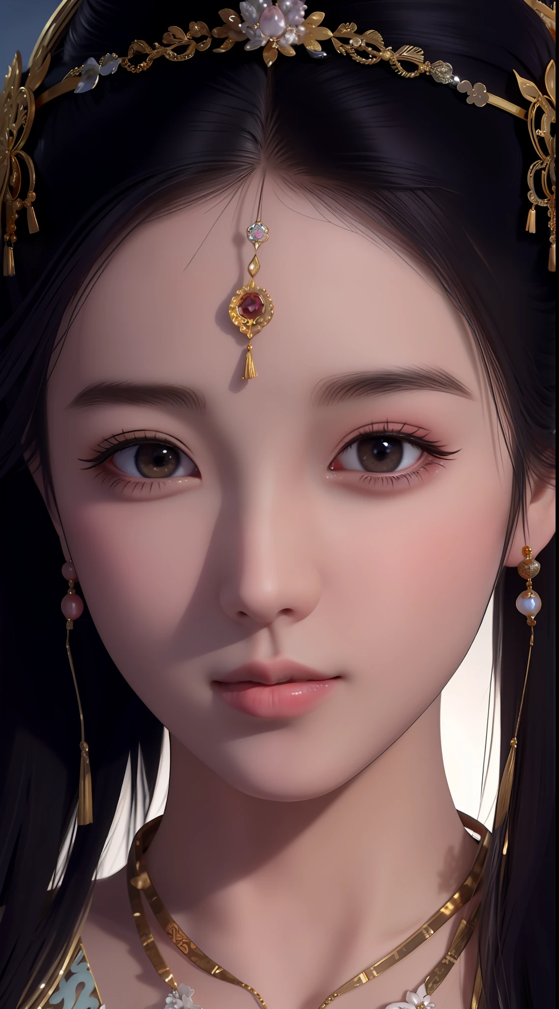 Close-up of a woman wearing a gold headdress and necklace, a beautiful fantasy empress, detailed face of a asian girl, Beautiful rendering of the Tang Dynasty, 8K highly detailed face, Beautiful realistic face, Rendu portrait 8k, Detailed beautiful face, China Princess, 8K high quality detailed art, Realistic beautiful face, Princesa chinesa antiga, Real photos of realistic beautiful faces