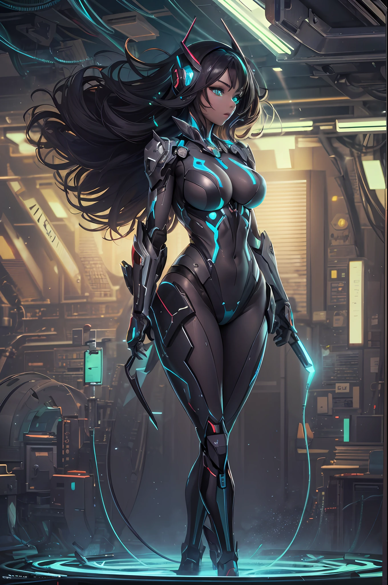 (Highres), 4K, 8K, Detailed Illustration, (full body shot:1.4), Ultra-Detailed, Ambient Light, Backlighting, Realistic Shadows, Glowing Particles, Digital Art, Detailed Face, Detailed Hair, Hyper-Detailed Eyes, Soft Light, Soft Lighting, mature face, milf, huge hips, full body, full body portrait, highly detailed face, Mecha, cosmic body, aura, metallic Articulation, dark hair ,glowing veins, steaming_body, glowing aura, green eyes, dark room full of cables, dark studio