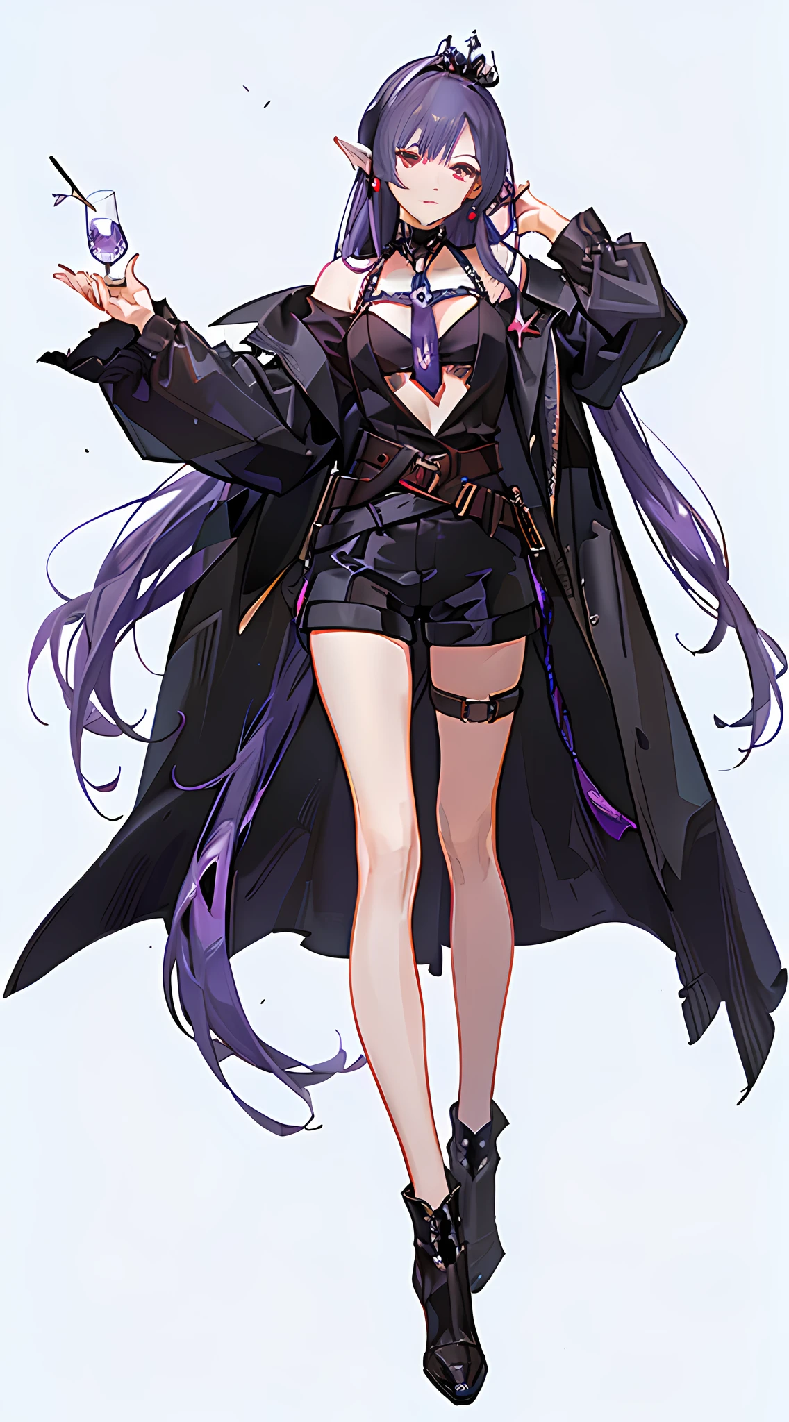 Deep purple high ponytail,Red right eye,The left eye is blue,elvish ears,Crown of Stars,Moon stud earrings,Dark black trench coat,White top shirt,Dark red tie,Black and white belt,Skinny shorts,High-heeled boots
