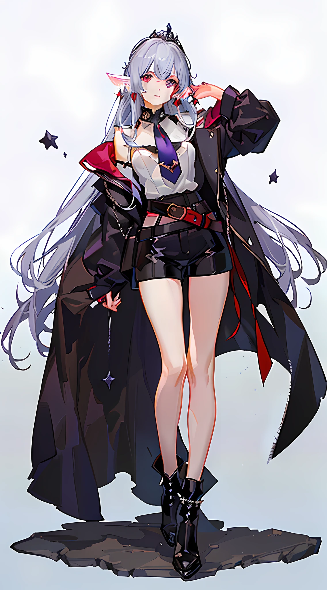 Deep purple high ponytail，Red right eye，The left eye is blue，elvish ears，Crown of Stars，Moon stud earrings，Dark black trench coat，White top shirt，Dark red tie，Black and white belt，Skinny shorts，High-heeled boots