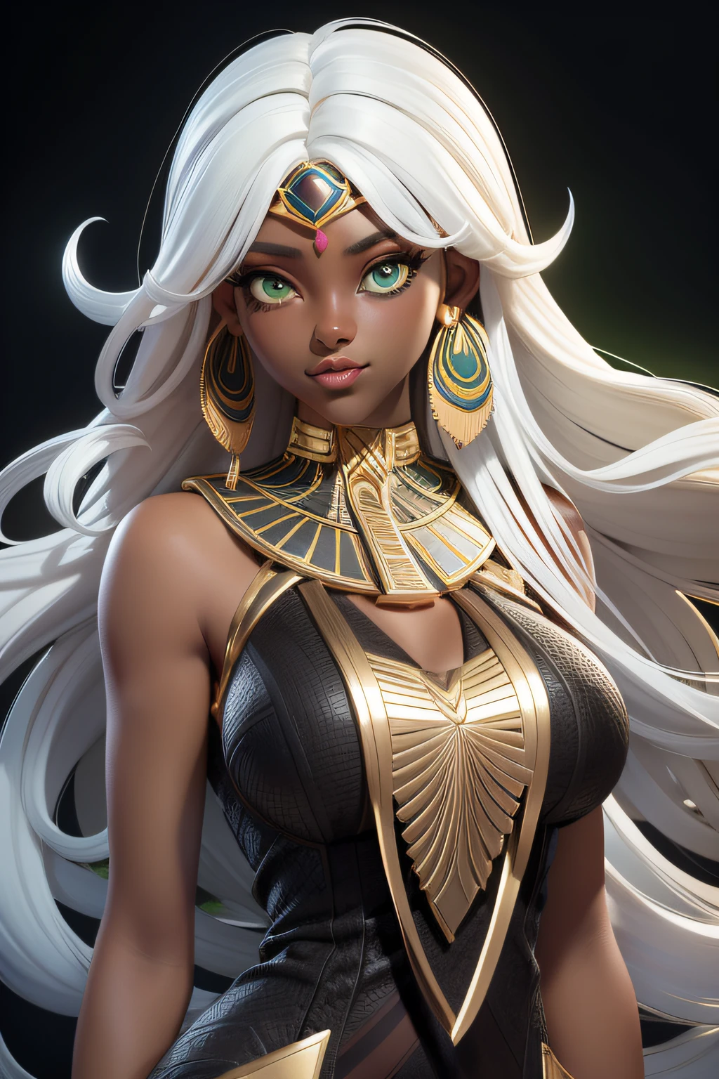 masterpiece, best quality, 1 girl, lime green eyes, dark skin, white hair, long hair, gold earrings, egyptian, jewelry, black dress, simple background, solo, upper body, curly hair