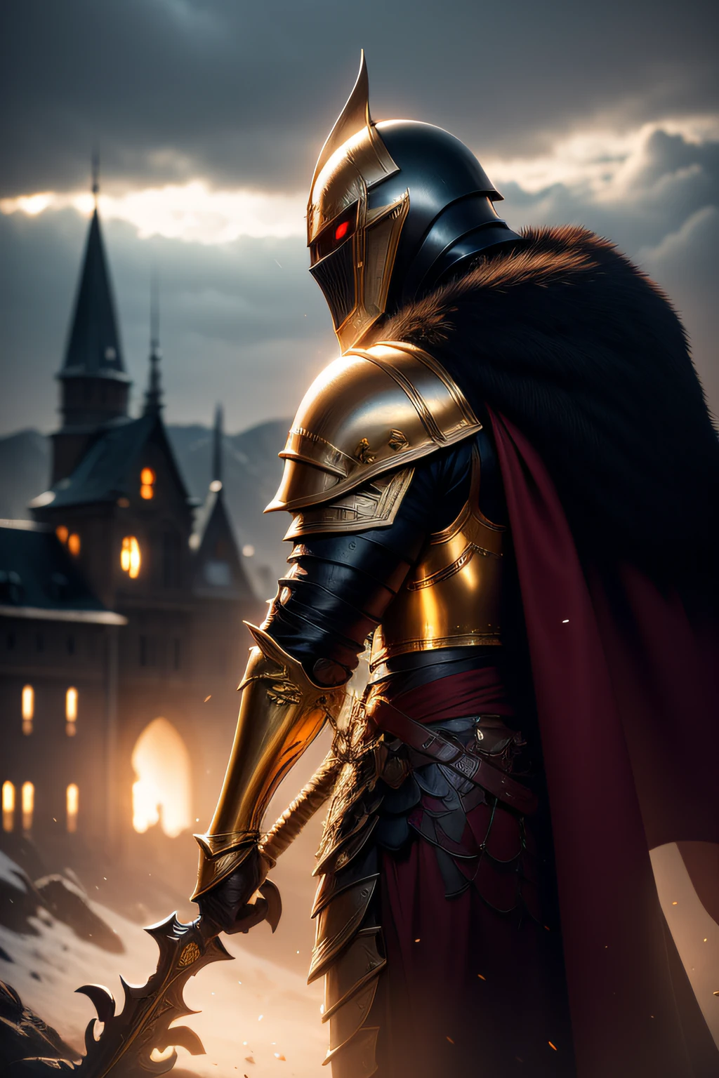 man, knight, red eyes behind the mask, big heavy black armor with golden parts, fur cape, evening, castle on background, atmospheric, mist, best quality masterpiece, photorealistic, detailed, 8k, HDR, shallow depth of field, broad light, high contrast, backlighting, bloom, light sparkles, chromatic aberration, sharp focus, RAW color photo, volumetric lightning, gothic,