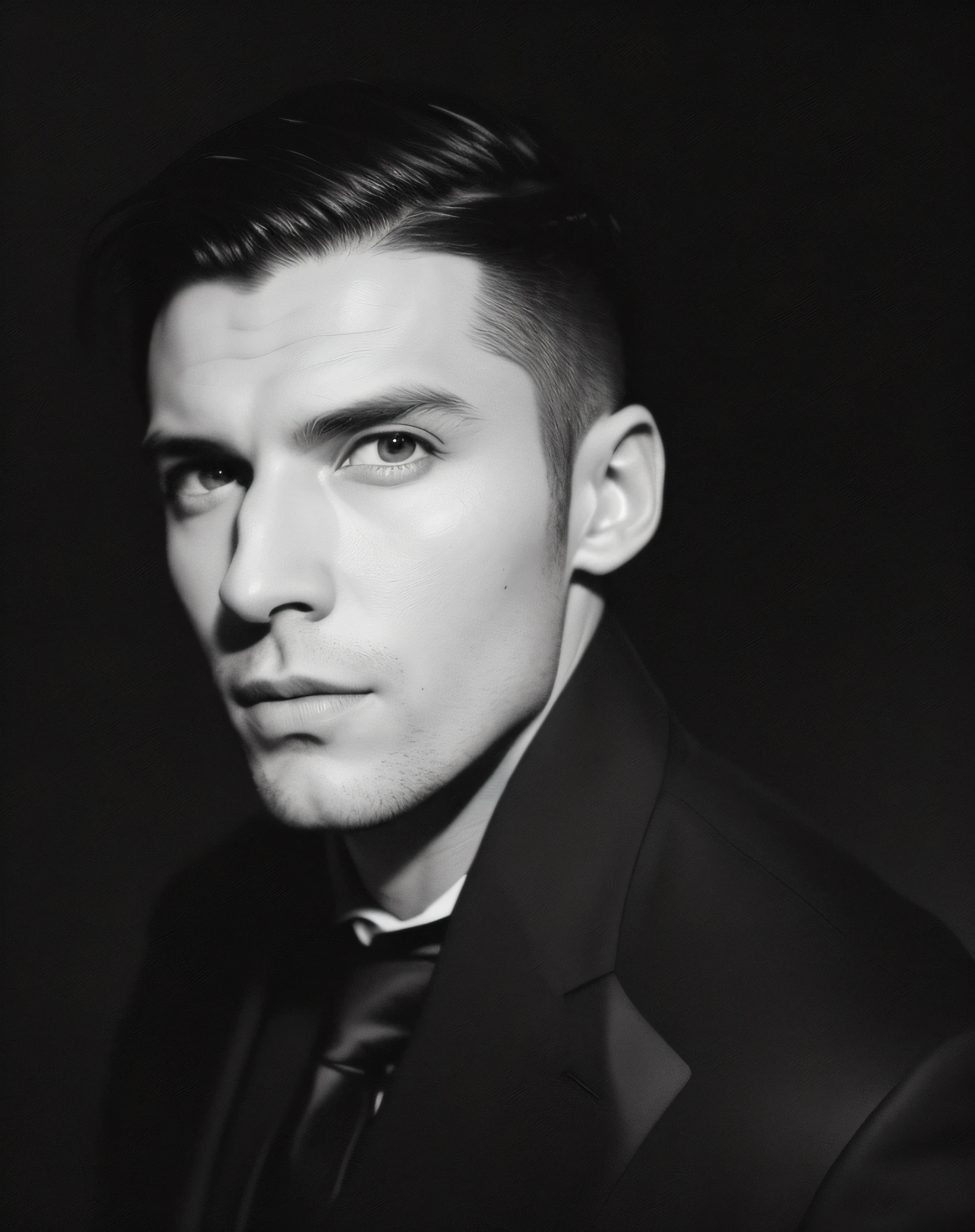 Arafed black and white photograph of a man in a suit and tie, wearing a black leather jacket, valeriy vegera, maxim shirkov, alexey gurylev, maxim sukharev, andrea savchenko, vitaly bulgarov, inspired by Slava Raškai, andrey surnov, egor letov