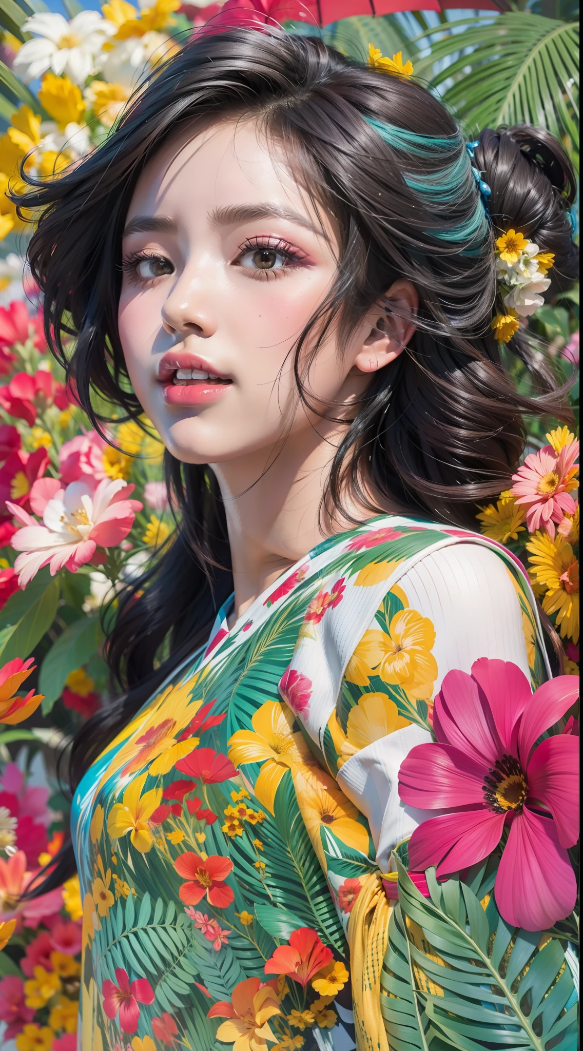 Create a digital art work in pop art style, featureing a vibrant and confident woman with bold makeup and colorfull fashion, cinematic color scheme, surrounded by vintage flowers patterns, energtic brushstrokes,the mood should be dynamic, upper body, drawing, illustration, grayscale, tropical, adubon fruits, adubon plants, many flowers, vector, painting oil, asian girl