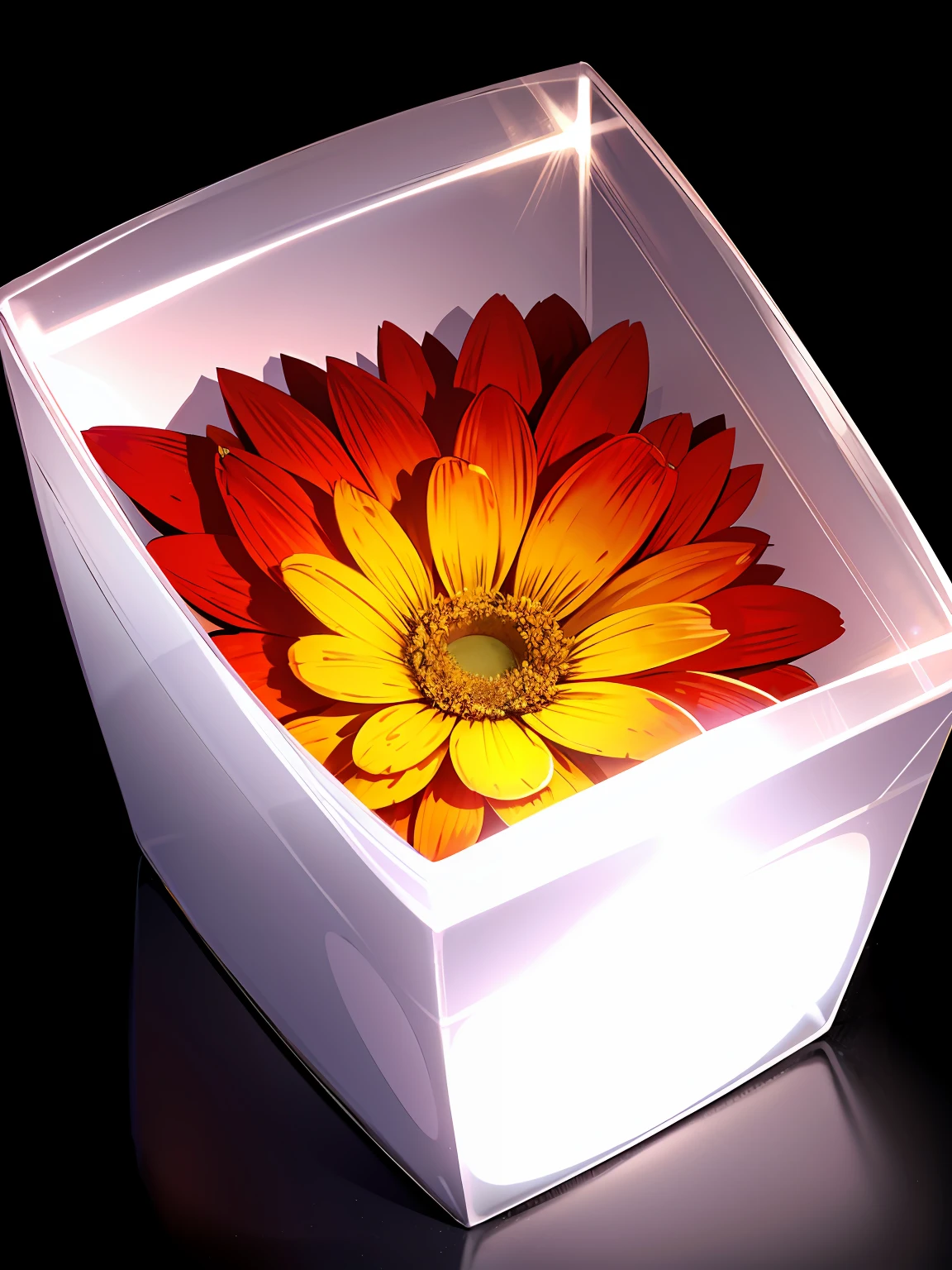 A transparent square box,There are fruits inside the box,The box shines through the background and it is located in the middle of the sunset,There are pebbles underneath,There are various flowers next to it
