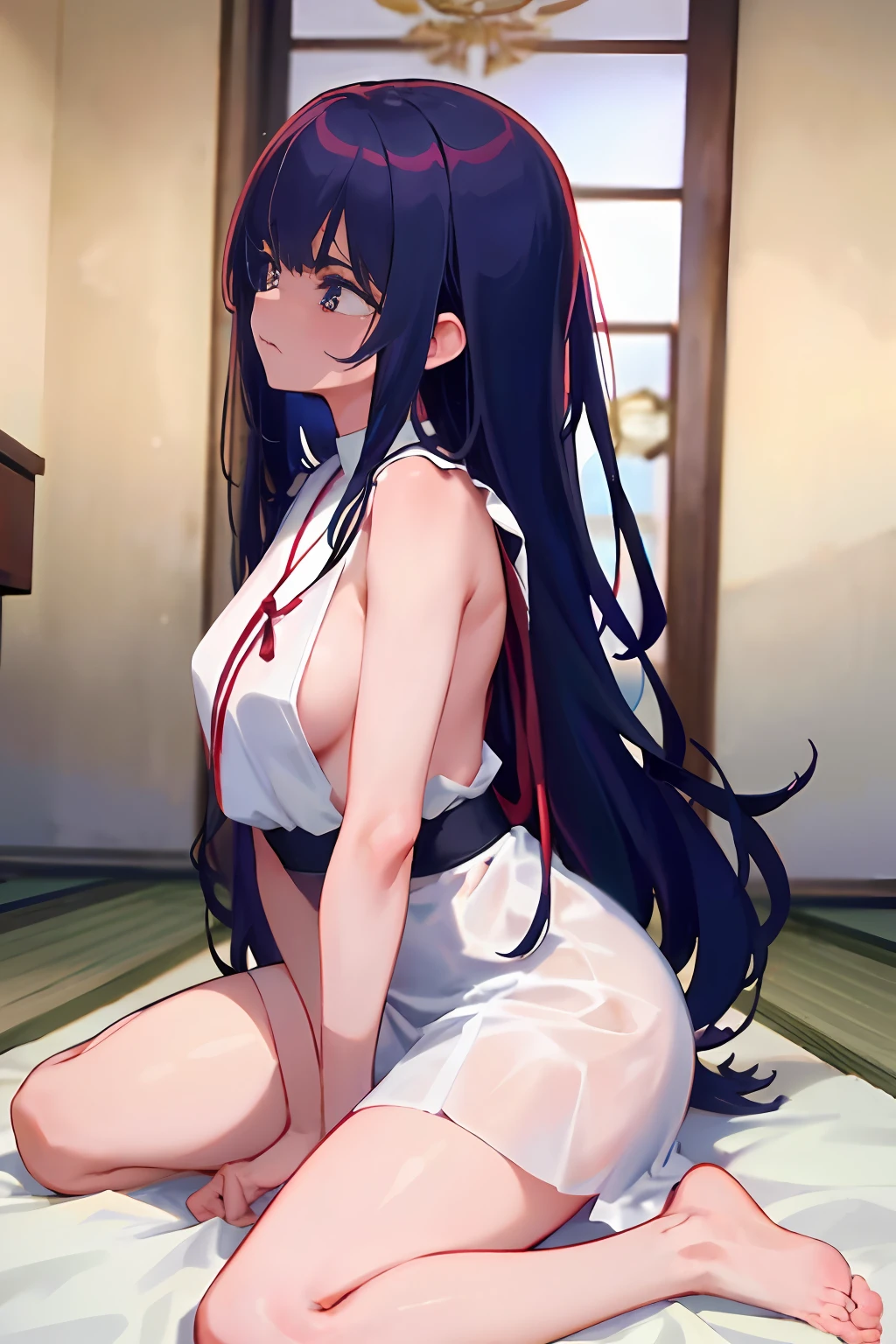 {{Bondage}}, {{Restraint、srestrained]], {{{{shibari over clothes}}}}, {{Open your clothes}}, {{{{White kimono, Red Hakama}}}}, NSFW, One Woman, {{crouching down}}, {{M-shaped legs}}, arm behind back, {sad}, {tearful},irate、 Barefoot, 年轻, {slender}, Long black hair, Blunt bangs, {{hair adornments}},, small tits, {{Indoor}}, {{{Japan shrine altar}}}, Cowboy Shot, Facing the front, face perfect, Perfect Anatomy, Convoluted, (Highly detailed),